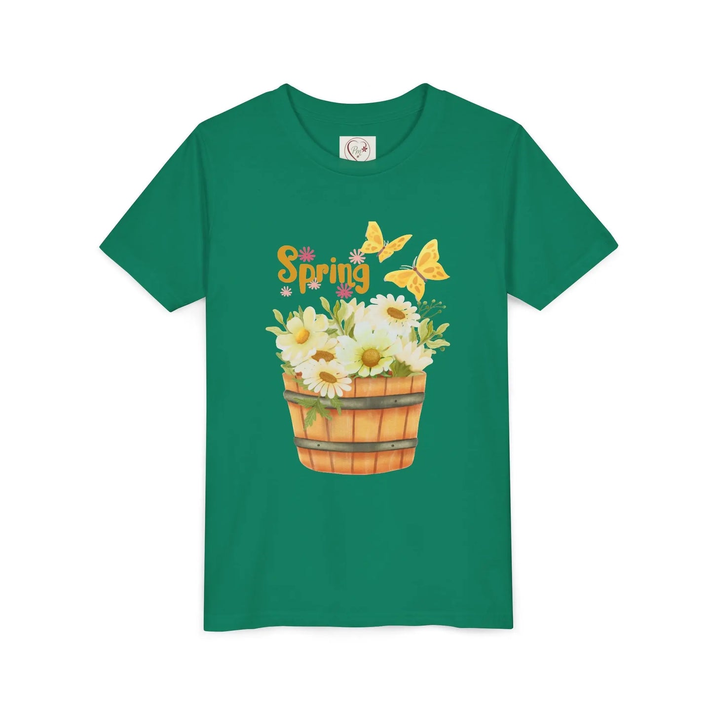 Soft cotton youth tee with wooden bucket of daisies, butterflies, and Hello Spring lettering. Perfect for spring celebrations. Sizes S-XL. Kelly Green