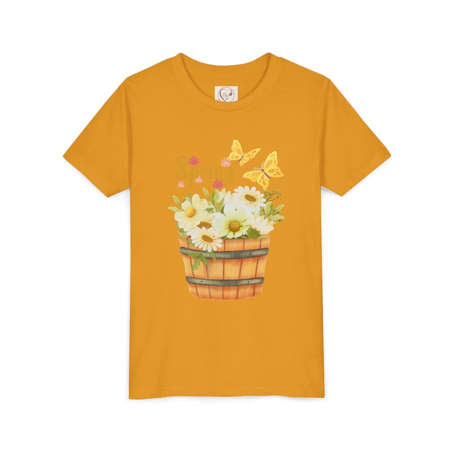 Soft cotton youth tee with wooden bucket of daisies, butterflies, and Hello Spring lettering. Perfect for spring celebrations. Sizes S-XL. Mustard