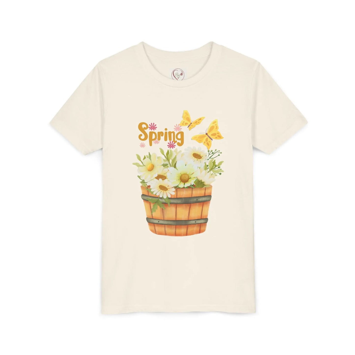 Soft cotton youth tee with wooden bucket of daisies, butterflies, and Hello Spring lettering. Perfect for spring celebrations. Sizes S-XL. Natural