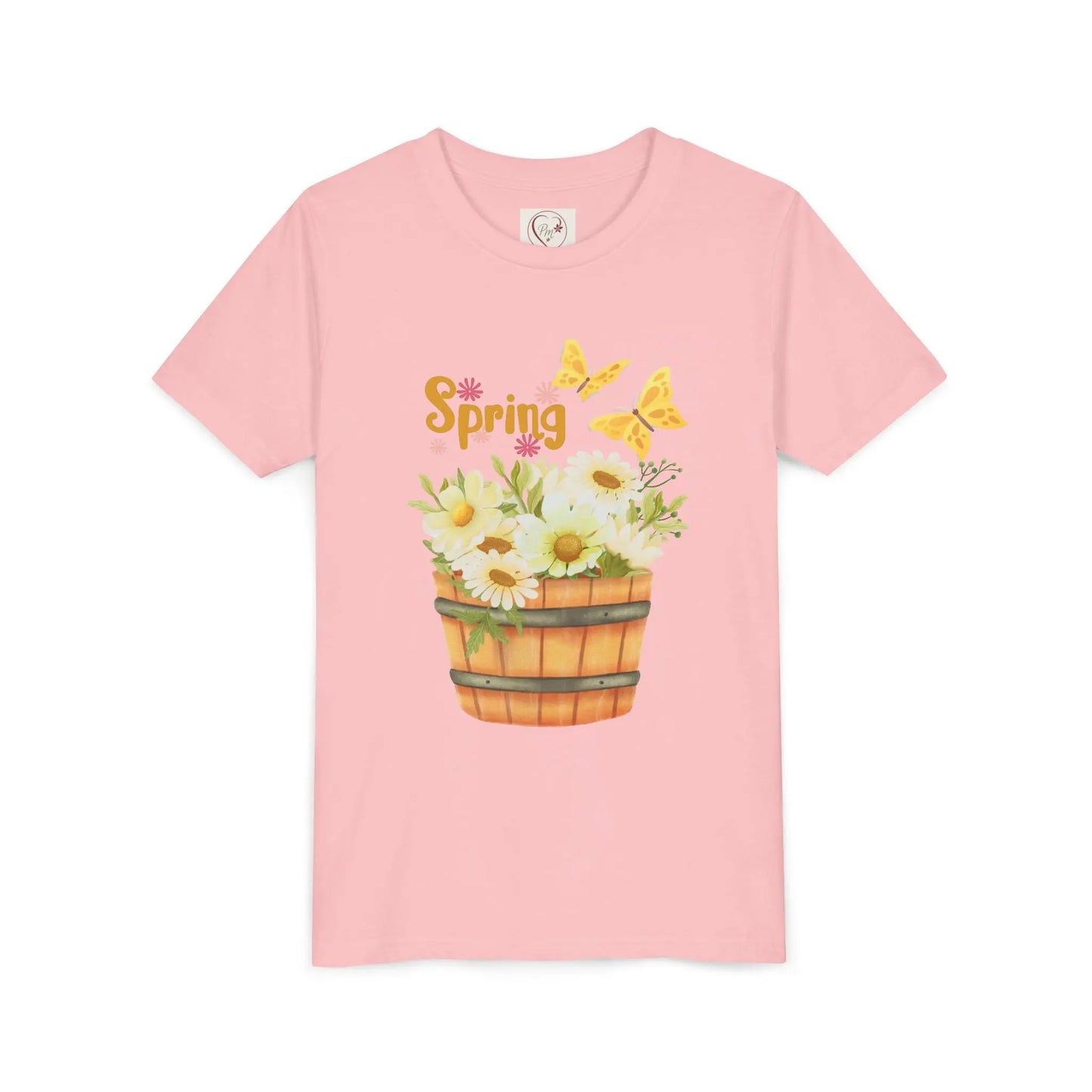 Soft cotton youth tee with wooden bucket of daisies, butterflies, and Hello Spring lettering. Perfect for spring celebrations. Sizes S-XL. Pink