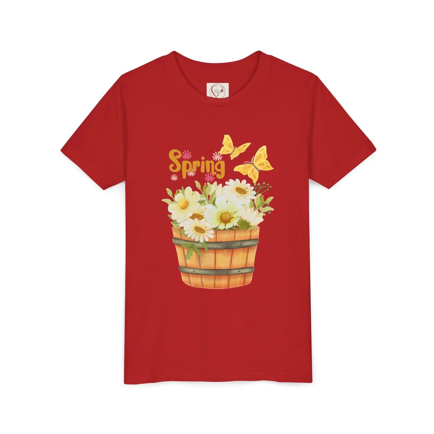 Soft cotton youth tee with wooden bucket of daisies, butterflies, and Hello Spring lettering. Perfect for spring celebrations. Sizes S-XL. Red