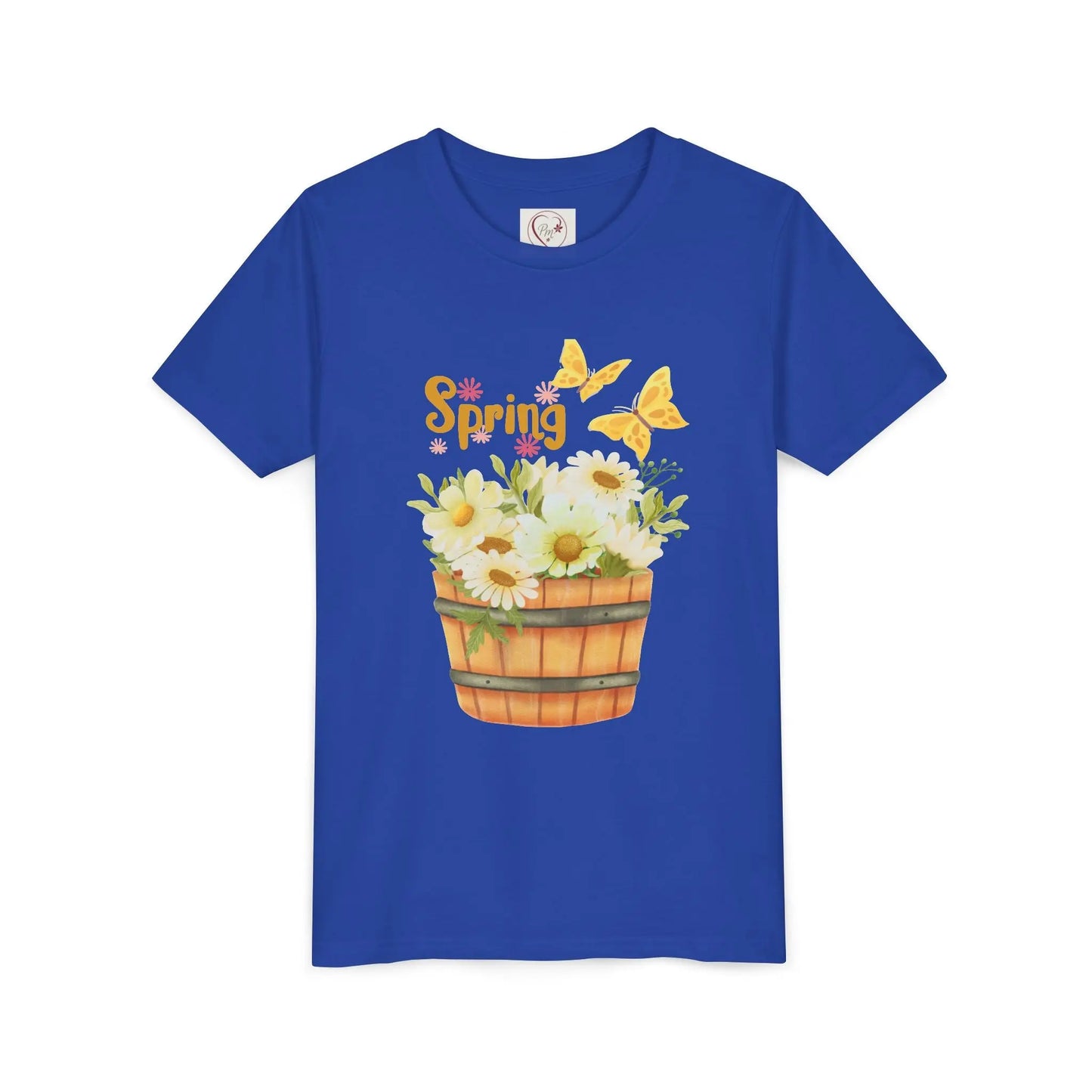 Soft cotton youth tee with wooden bucket of daisies, butterflies, and Hello Spring lettering. Perfect for spring celebrations. Sizes S-XL. True Royal