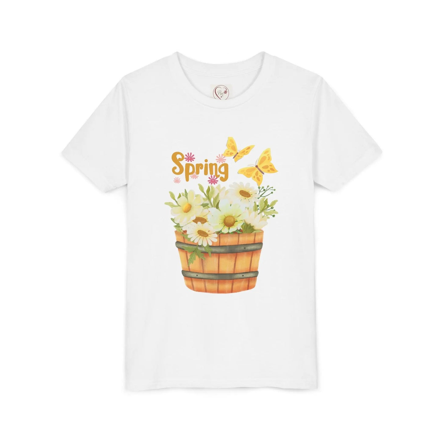 Soft cotton youth tee with wooden bucket of daisies, butterflies, and Hello Spring lettering. Perfect for spring celebrations. Sizes S-XL. White