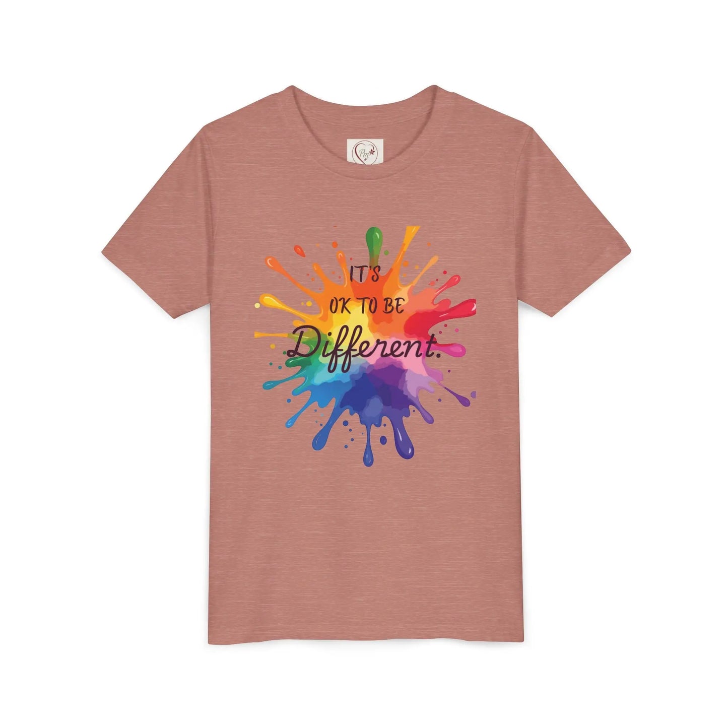 Youth wearing heather purple Bella Canvas shirt with rainbow paint splash design reading It's OK To Be Different, autism awareness tee by PM Creations 25-Heather Mauve