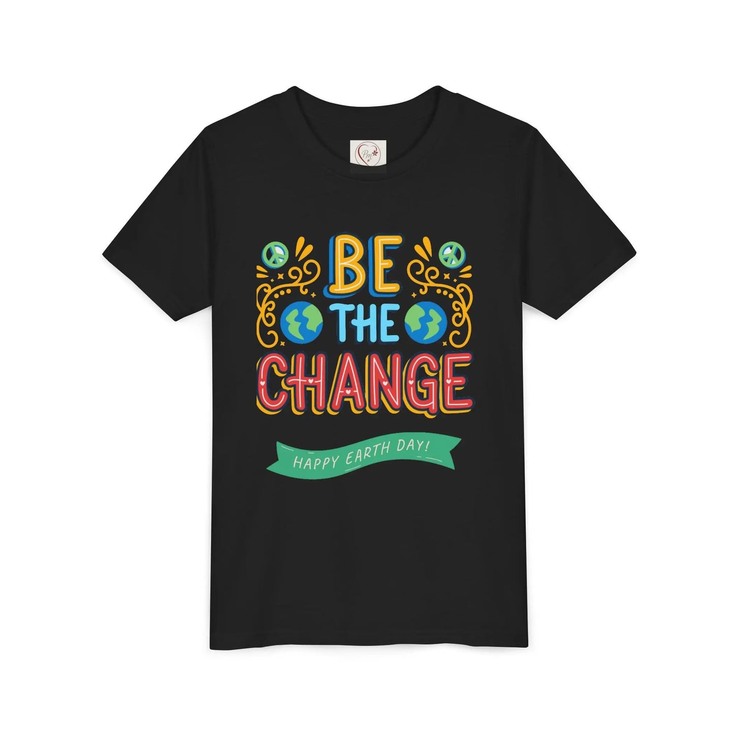 Soft cotton youth tee with Be the Change message and globe icons. Perfect for Earth Day celebrations and eco-friendly kids. Sizes S-XL.
Black