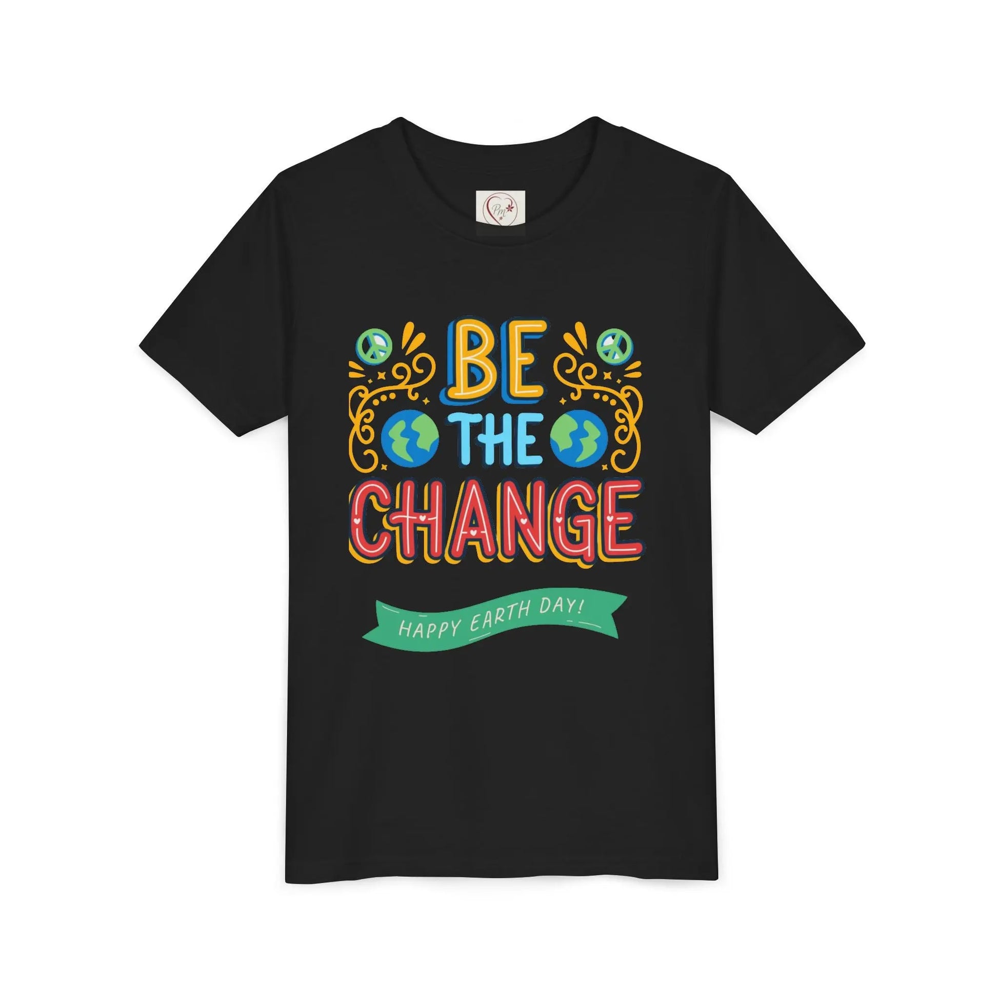 Soft cotton youth tee with Be the Change message and globe icons. Perfect for Earth Day celebrations and eco-friendly kids. Sizes S-XL.
Black