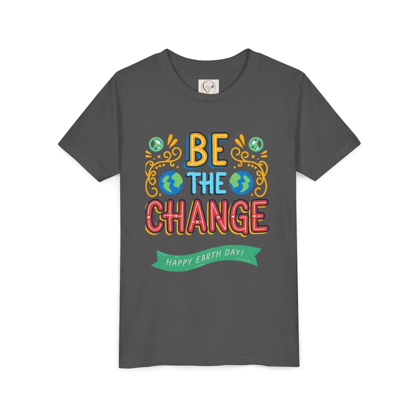 Soft cotton youth tee with Be the Change message and globe icons. Perfect for Earth Day celebrations and eco-friendly kids. Sizes S-XL.
Dark Heather Grey