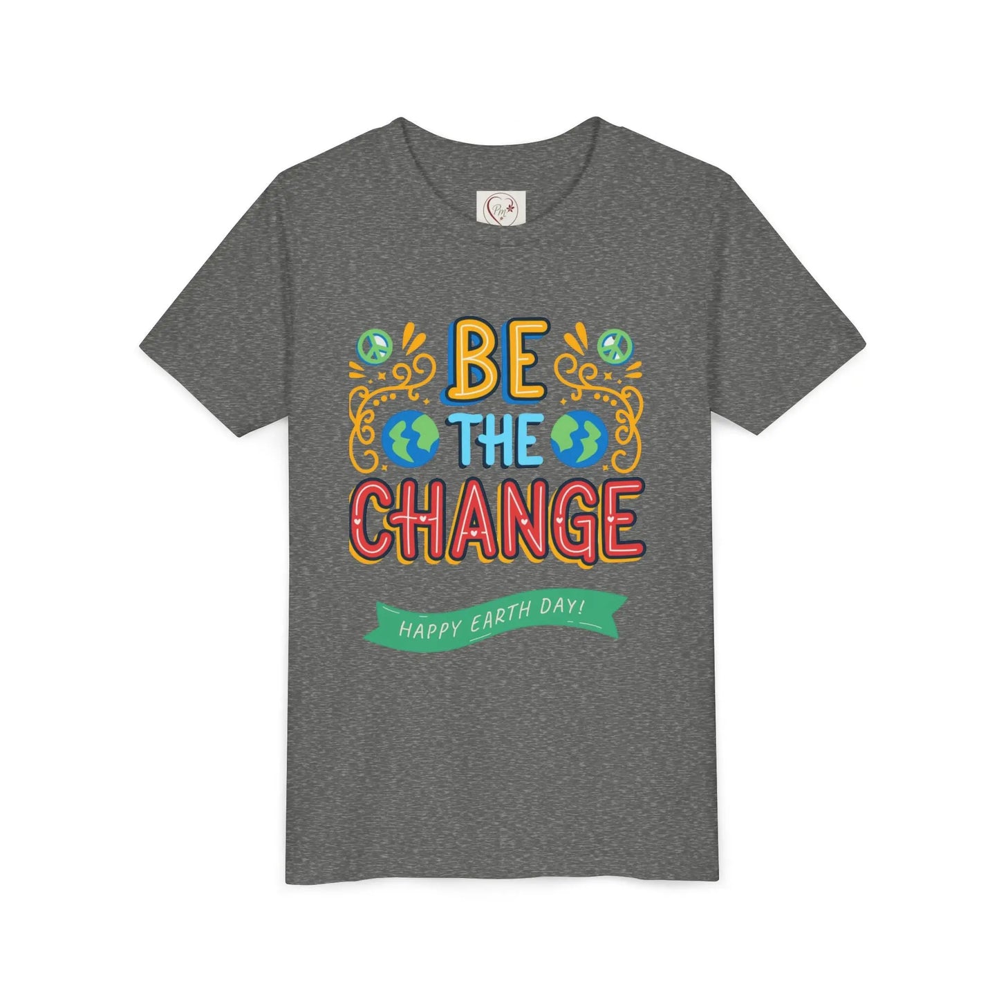 Soft cotton youth tee with Be the Change message and globe icons. Perfect for Earth Day celebrations and eco-friendly kids. Sizes S-XL.
Deep Heather