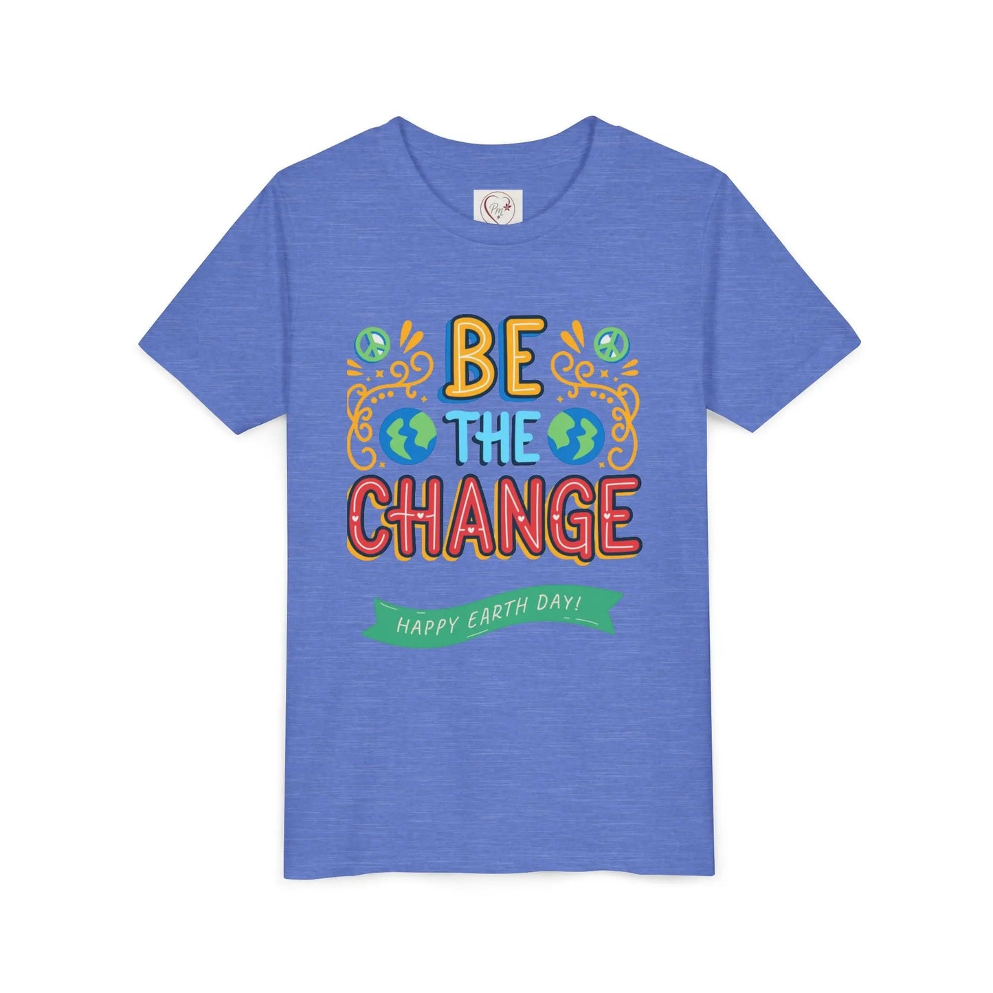 Soft cotton youth tee with Be the Change message and globe icons. Perfect for Earth Day celebrations and eco-friendly kids. Sizes S-XL.
Heather Columbia Blue