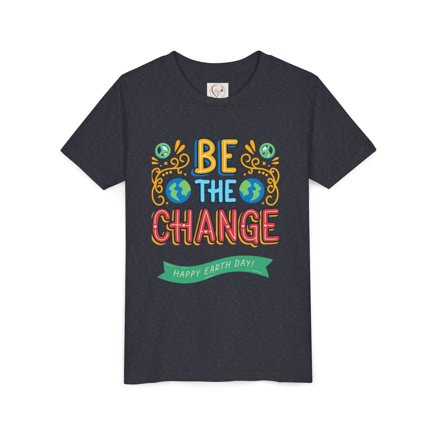 Soft cotton youth tee with Be the Change message and globe icons. Perfect for Earth Day celebrations and eco-friendly kids. Sizes S-XL.
Heather Navy