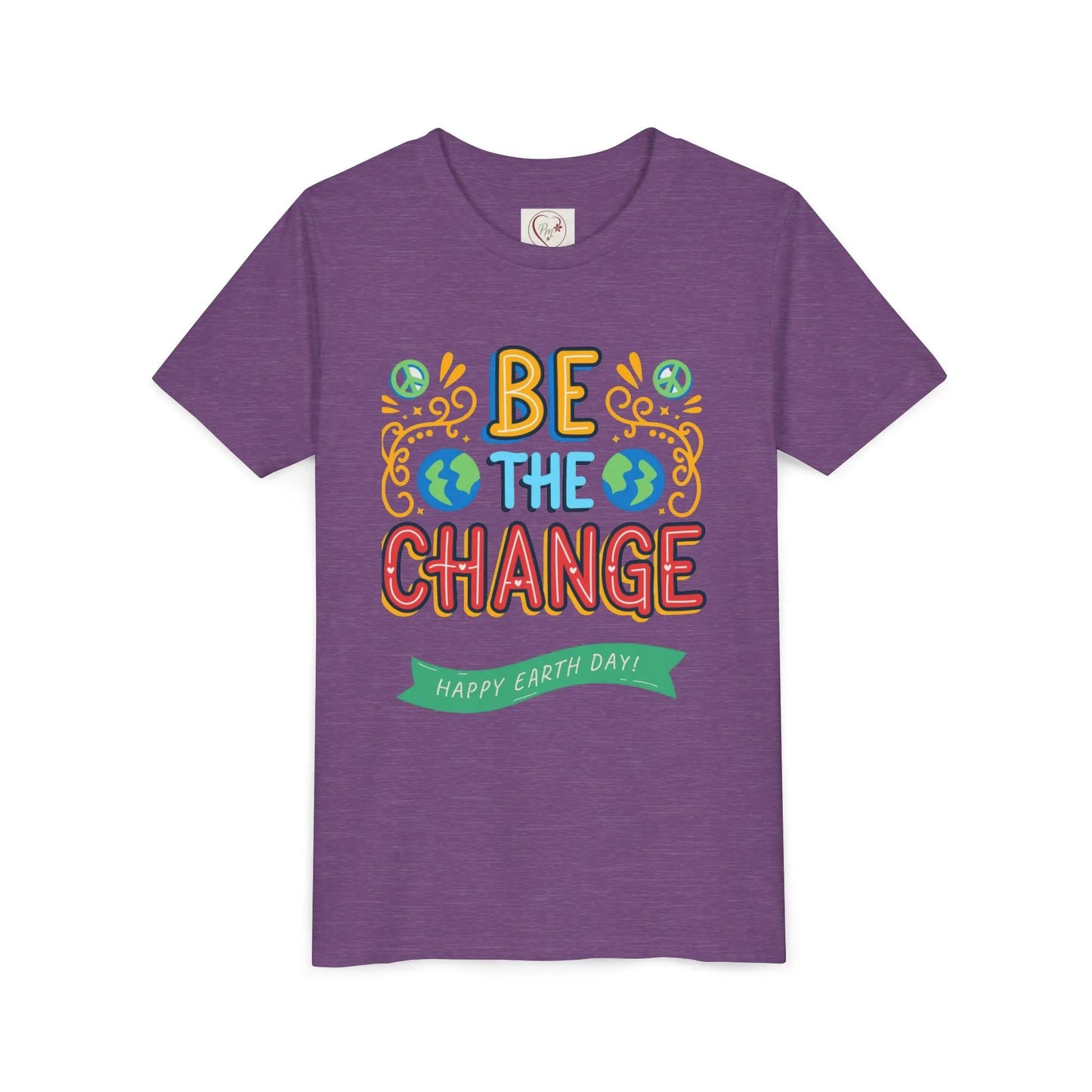 Soft cotton youth tee with Be the Change message and globe icons. Perfect for Earth Day celebrations and eco-friendly kids. Sizes S-XL.
Heather Team Purple