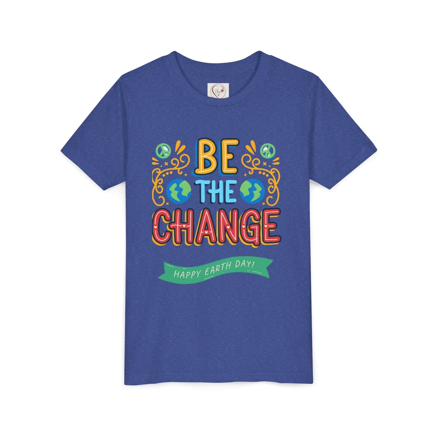 Soft cotton youth tee with Be the Change message and globe icons. Perfect for Earth Day celebrations and eco-friendly kids. Sizes S-XL.
Heather True Royal