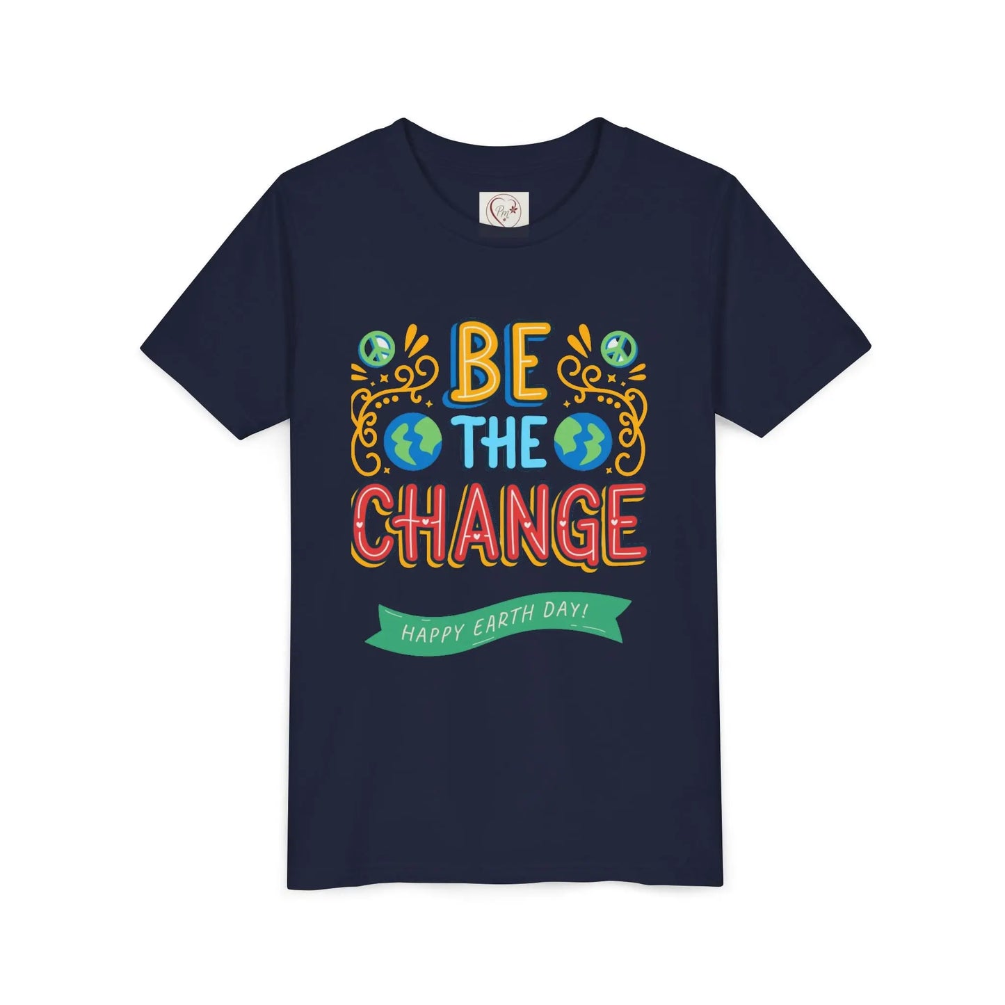 Soft cotton youth tee with Be the Change message and globe icons. Perfect for Earth Day celebrations and eco-friendly kids. Sizes S-XL.
Navy
