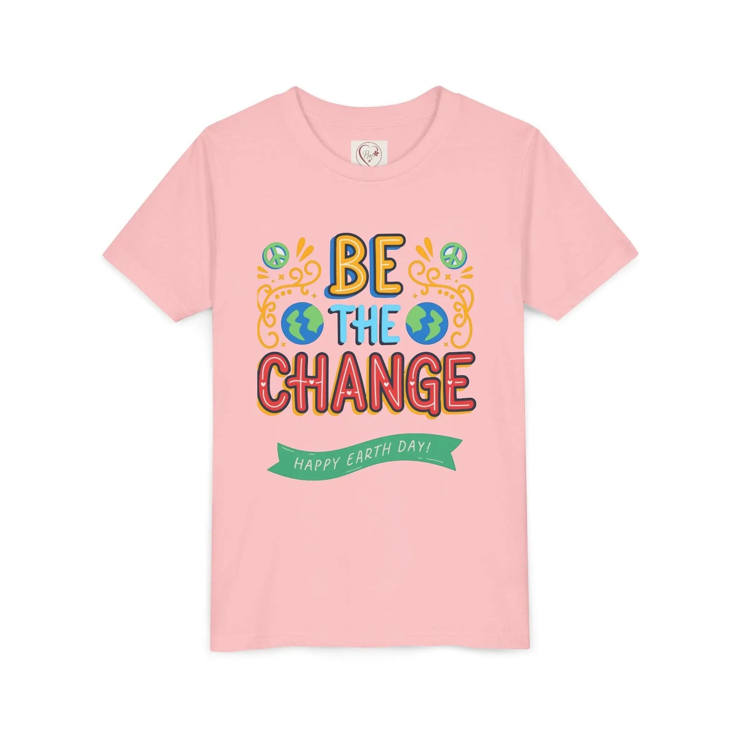 Soft cotton youth tee with Be the Change message and globe icons. Perfect for Earth Day celebrations and eco-friendly kids. Sizes S-XL.
Pink
