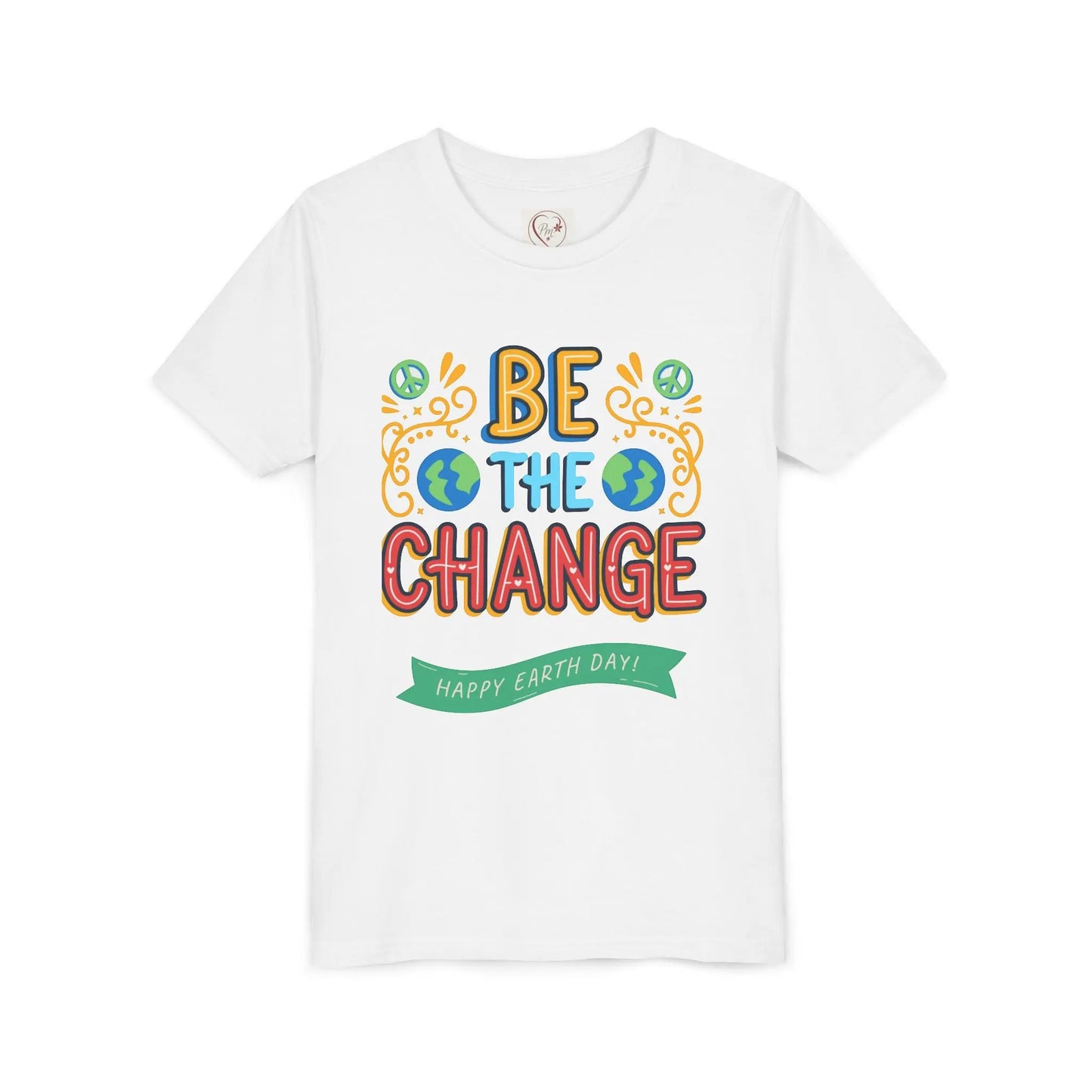Soft cotton youth tee with Be the Change message and globe icons. Perfect for Earth Day celebrations and eco-friendly kids. Sizes S-XL.
White