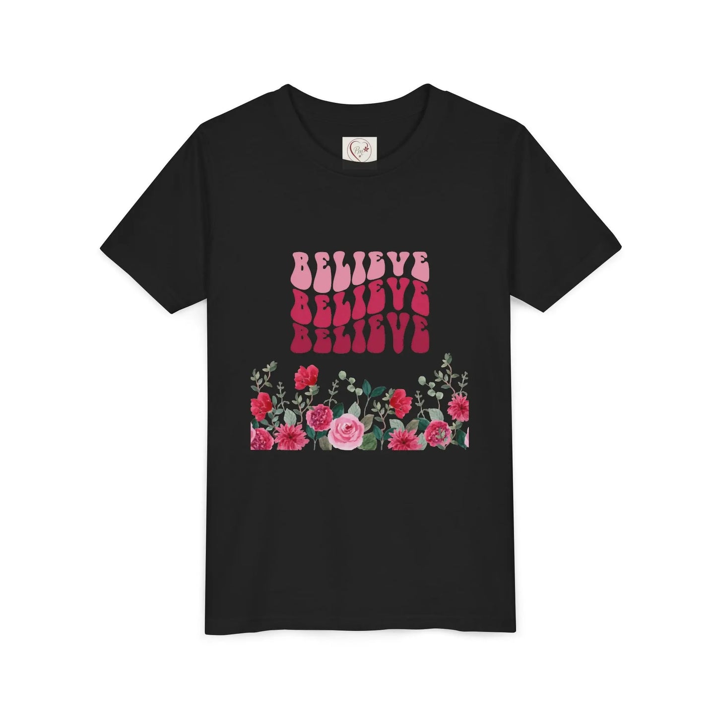 Soft cotton youth tee with vintage Believe text and hand-drawn roses. Perfect for church, youth group, and faith-based celebrations. Sizes S-XL.
Black