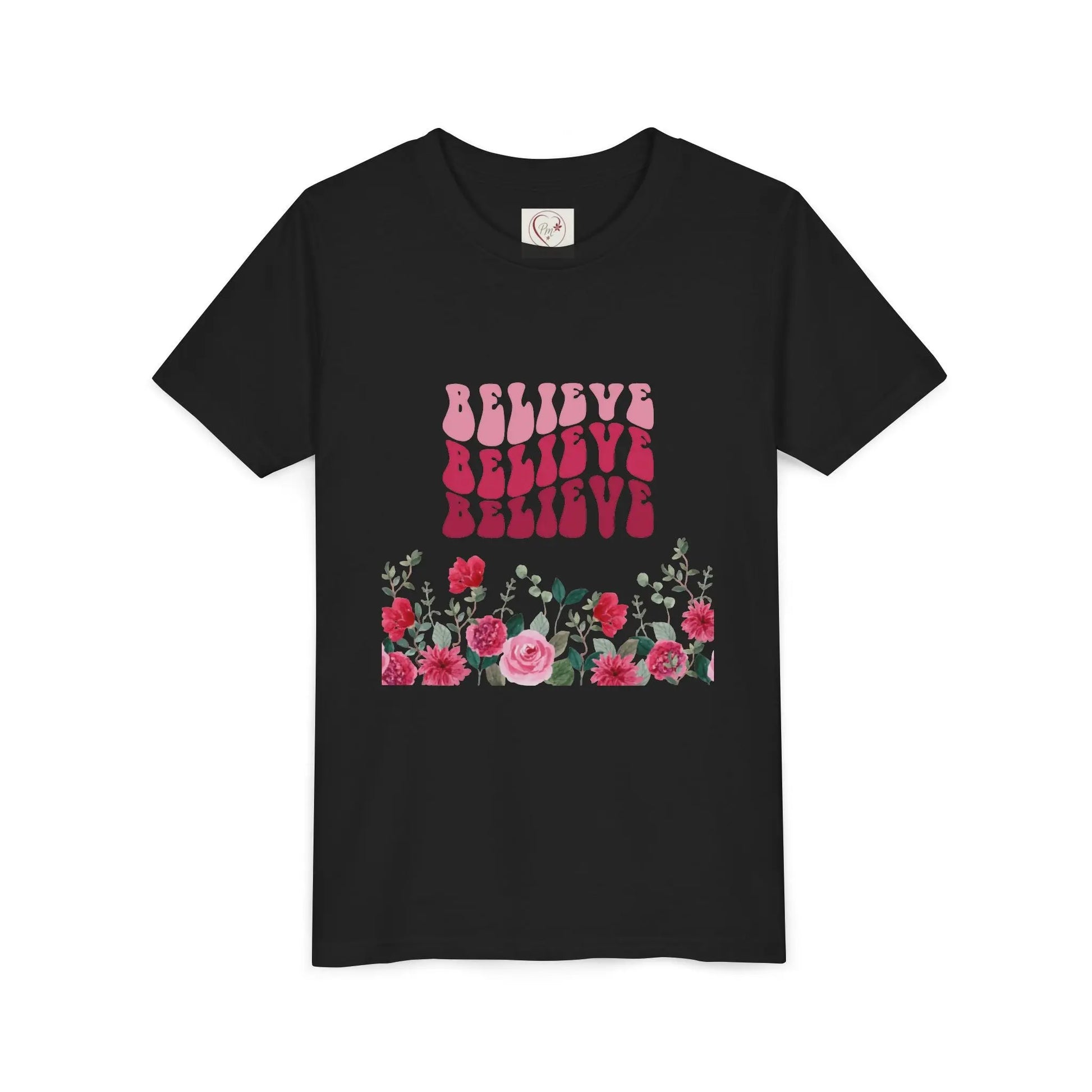 Soft cotton youth tee with vintage Believe text and hand-drawn roses. Perfect for church, youth group, and faith-based celebrations. Sizes S-XL.
Black