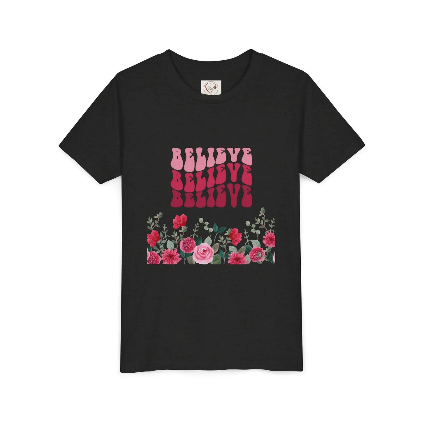 Soft cotton youth tee with vintage Believe text and hand-drawn roses. Perfect for church, youth group, and faith-based celebrations. Sizes S-XL.
Black Heather