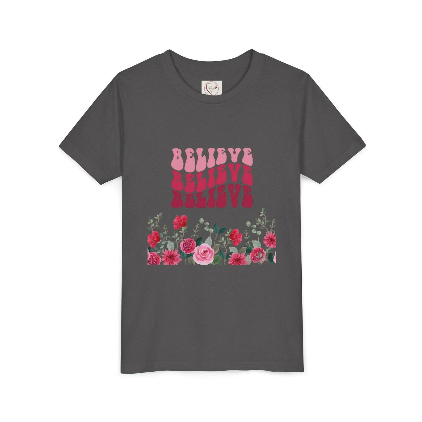 Soft cotton youth tee with vintage Believe text and hand-drawn roses. Perfect for church, youth group, and faith-based celebrations. Sizes S-XL.
Dark Heather Grey