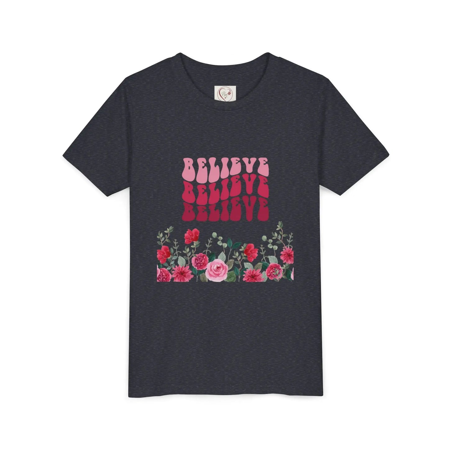 Soft cotton youth tee with vintage Believe text and hand-drawn roses. Perfect for church, youth group, and faith-based celebrations. Sizes S-XL.
Heather Navy