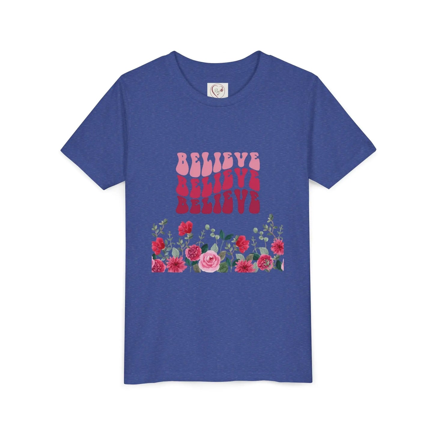Soft cotton youth tee with vintage Believe text and hand-drawn roses. Perfect for church, youth group, and faith-based celebrations. Sizes S-XL.
Heather True Royal
