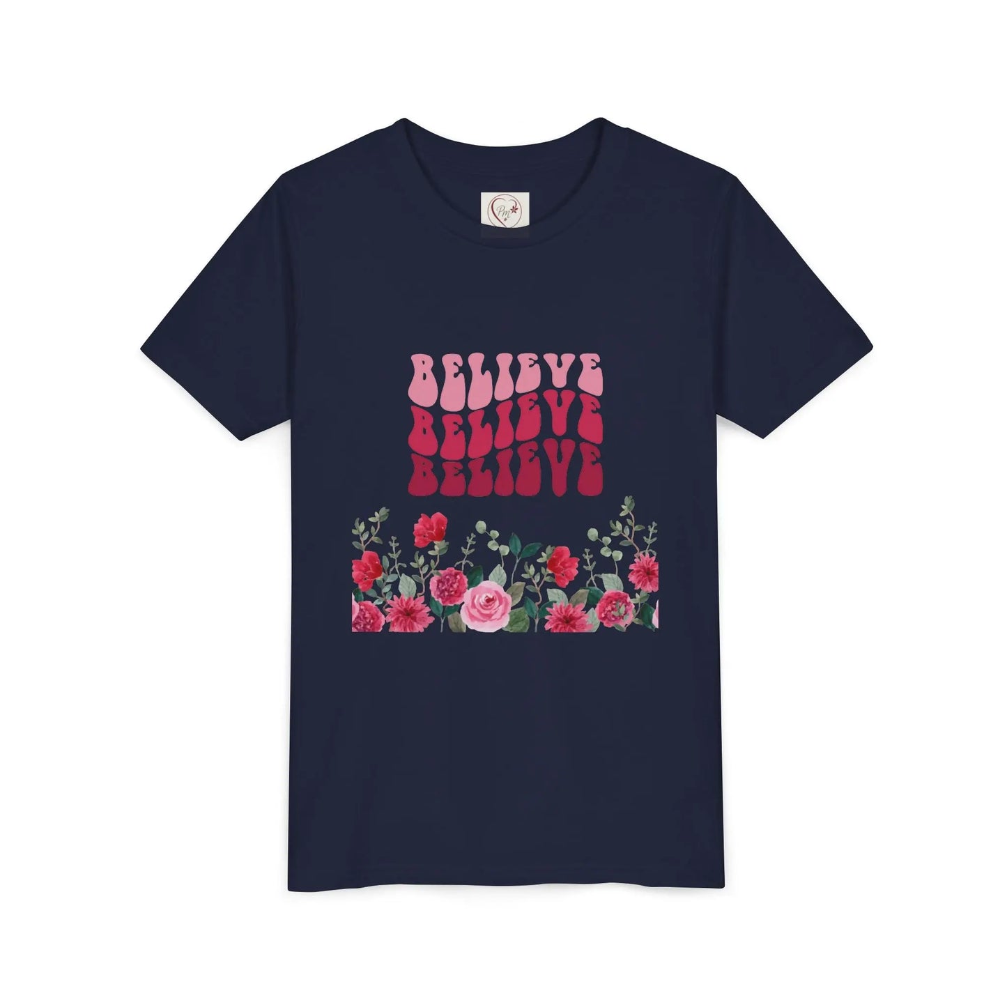Soft cotton youth tee with vintage Believe text and hand-drawn roses. Perfect for church, youth group, and faith-based celebrations. Sizes S-XL.
Navy