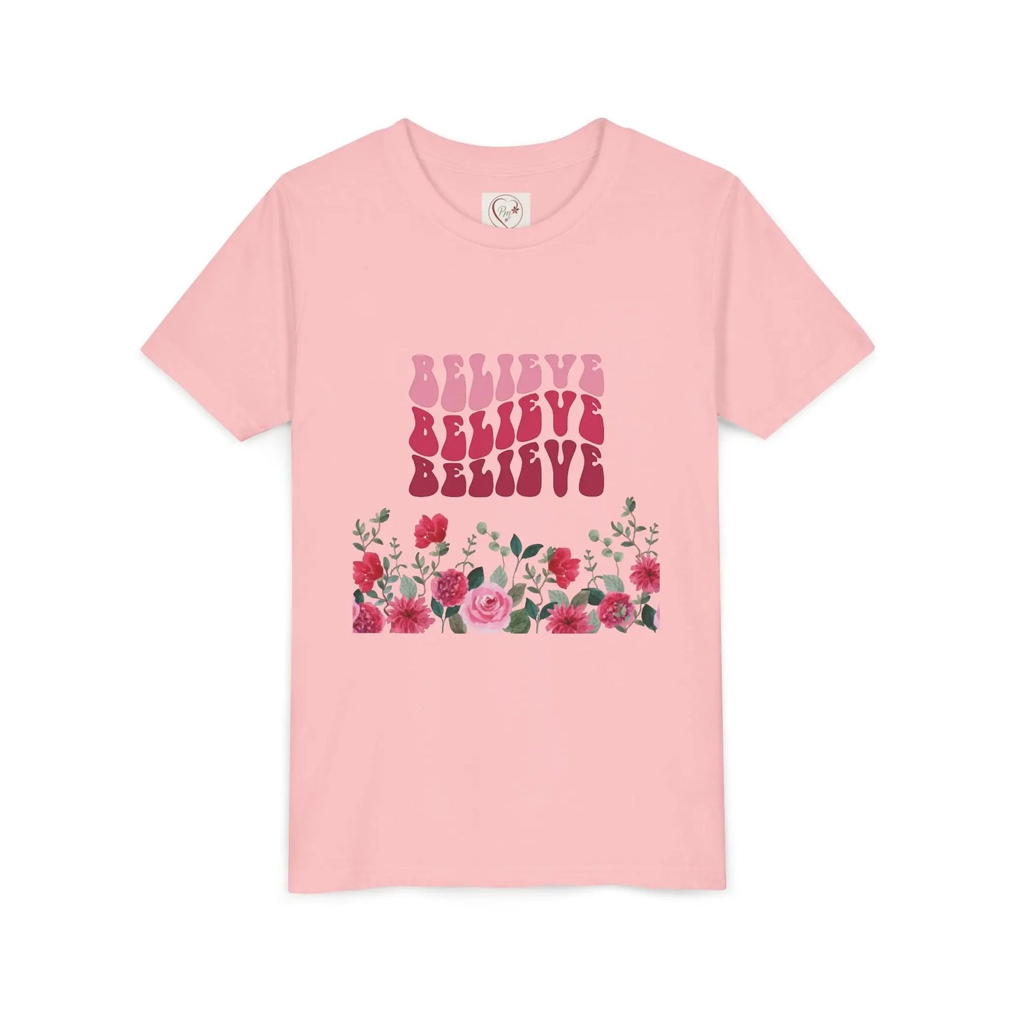 Soft cotton youth tee with vintage Believe text and hand-drawn roses. Perfect for church, youth group, and faith-based celebrations. Sizes S-XL.
Pink