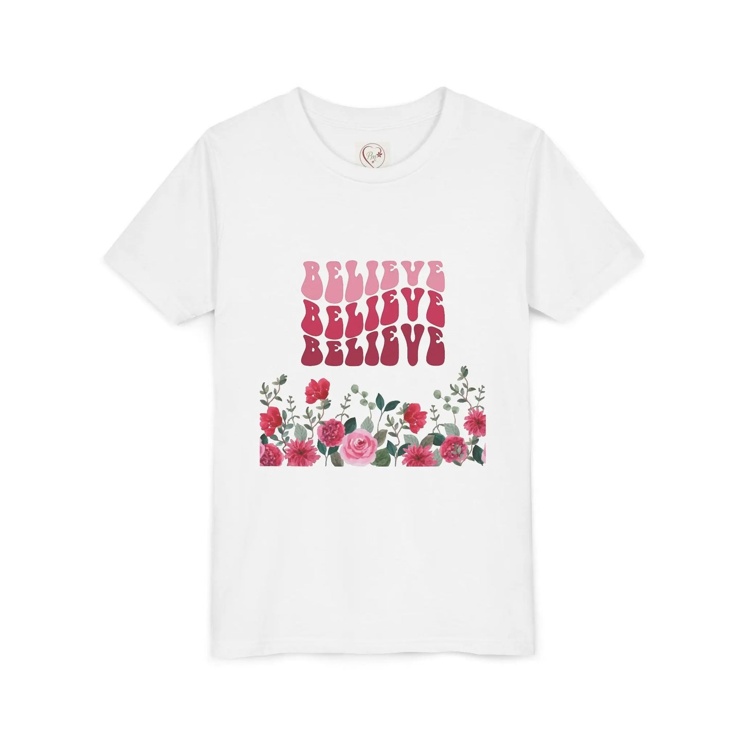 Soft cotton youth tee with vintage Believe text and hand-drawn roses. Perfect for church, youth group, and faith-based celebrations. Sizes S-XL.
White