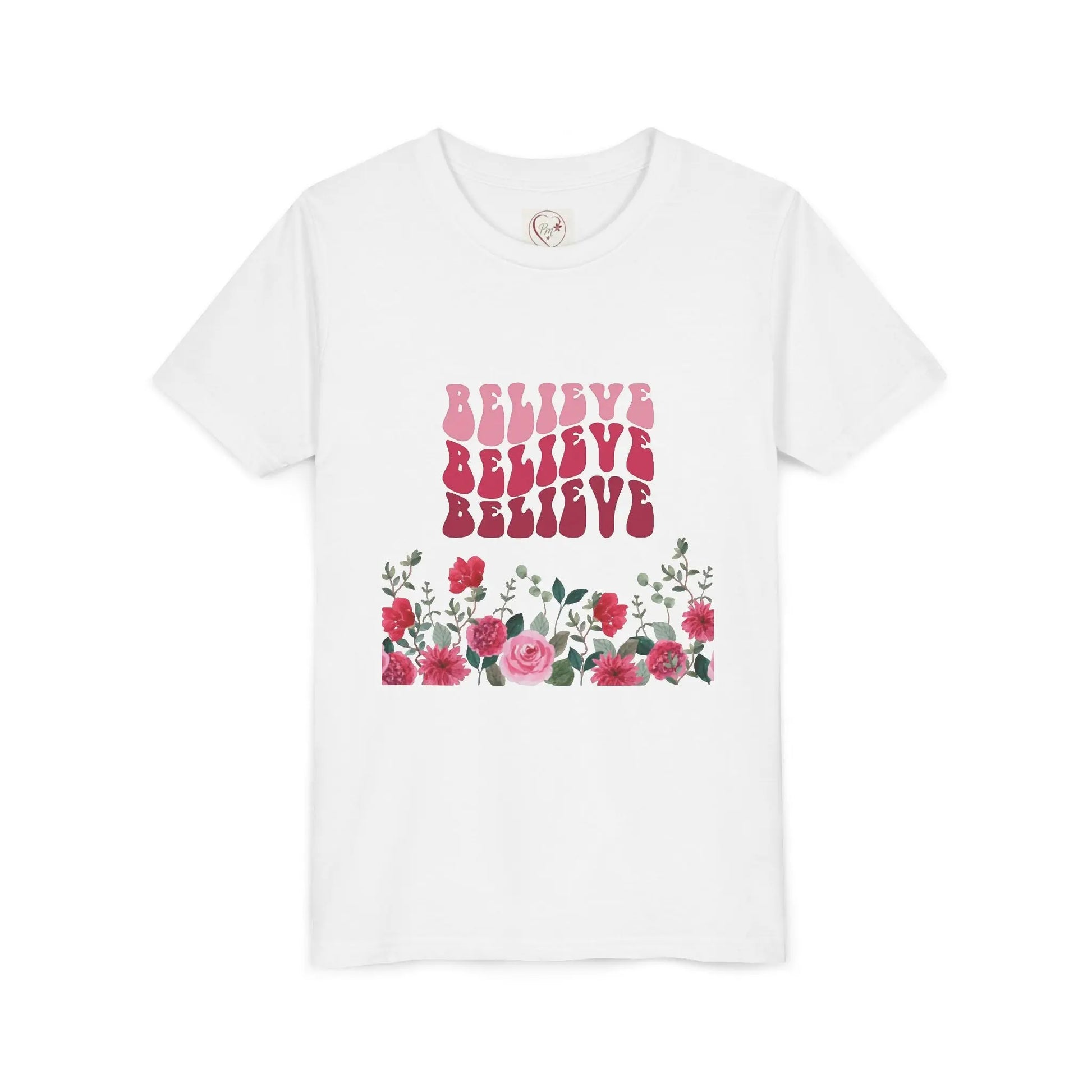 Soft cotton youth tee with vintage Believe text and hand-drawn roses. Perfect for church, youth group, and faith-based celebrations. Sizes S-XL.
White