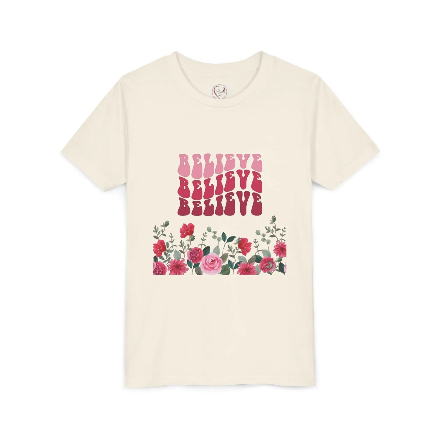 Soft cotton youth tee with vintage Believe text and hand-drawn roses. Perfect for church, youth group, and faith-based celebrations. Sizes S-XL.
Natural