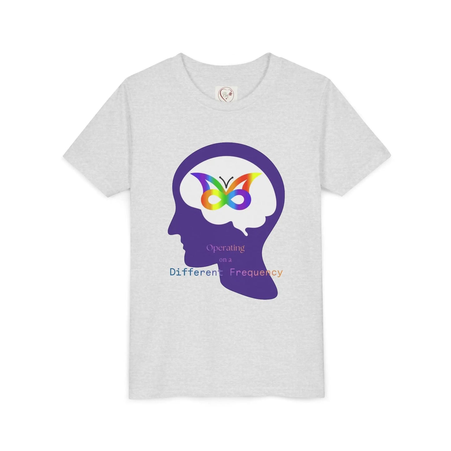Soft cotton youth tee with purple butterfly mind design celebrating neurodiversity and autism awareness. Comfortable and meaningful. Sizes S-XL. Ash
