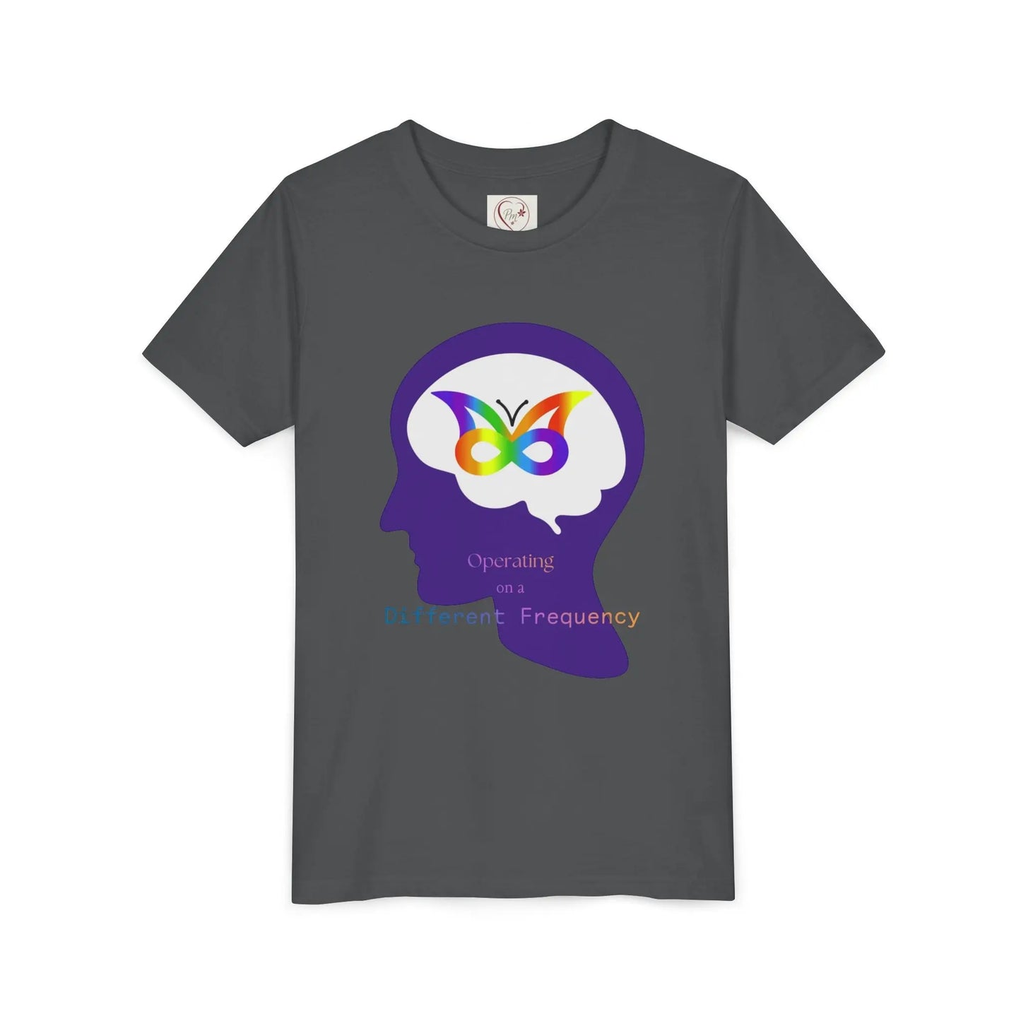 Soft cotton youth tee with purple butterfly mind design celebrating neurodiversity and autism awareness. Comfortable and meaningful. Sizes S-XL. Asphalt
