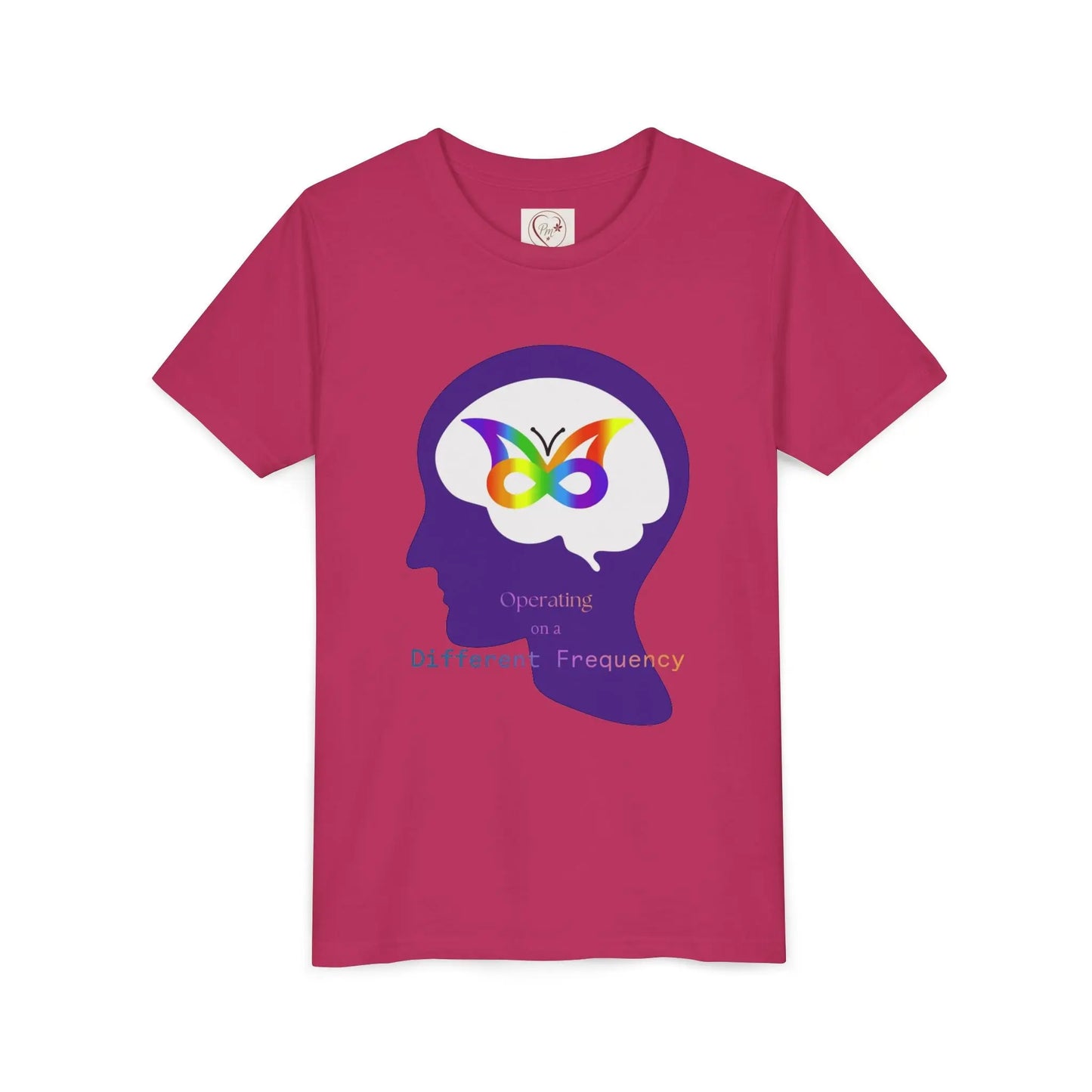 Soft cotton youth tee with purple butterfly mind design celebrating neurodiversity and autism awareness. Comfortable and meaningful. Sizes S-XL. Berry
