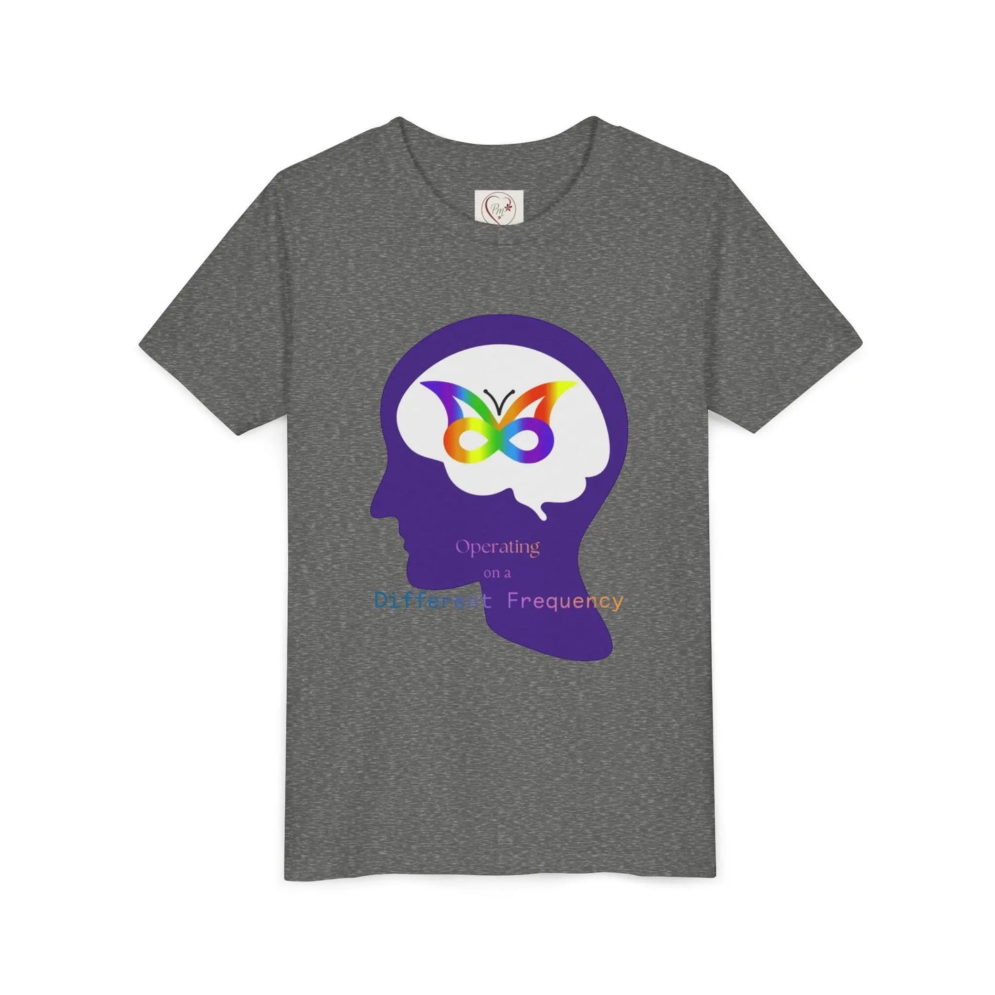 Soft cotton youth tee with purple butterfly mind design celebrating neurodiversity and autism awareness. Comfortable and meaningful. Sizes S-XL. Deep Heather
