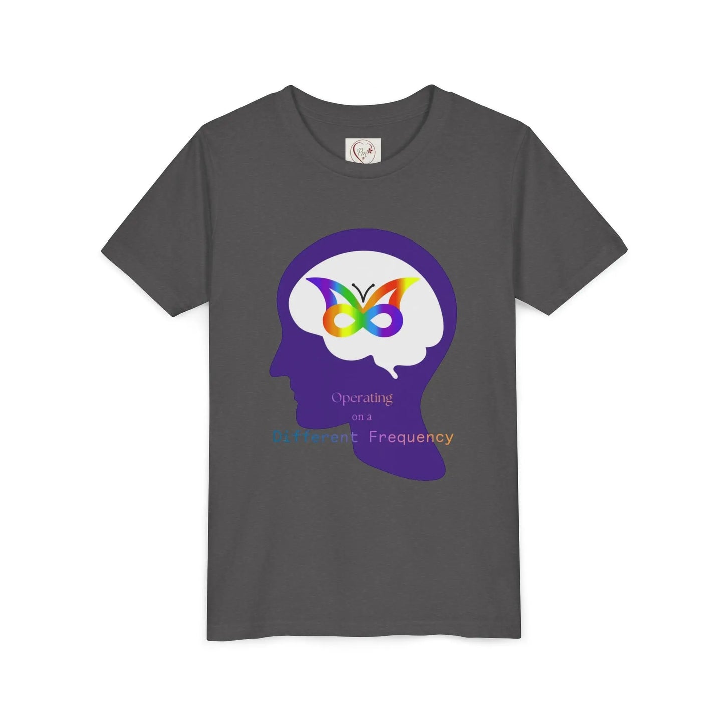 Soft cotton youth tee with purple butterfly mind design celebrating neurodiversity and autism awareness. Comfortable and meaningful. Sizes S-XL. Dark Heather Grey
