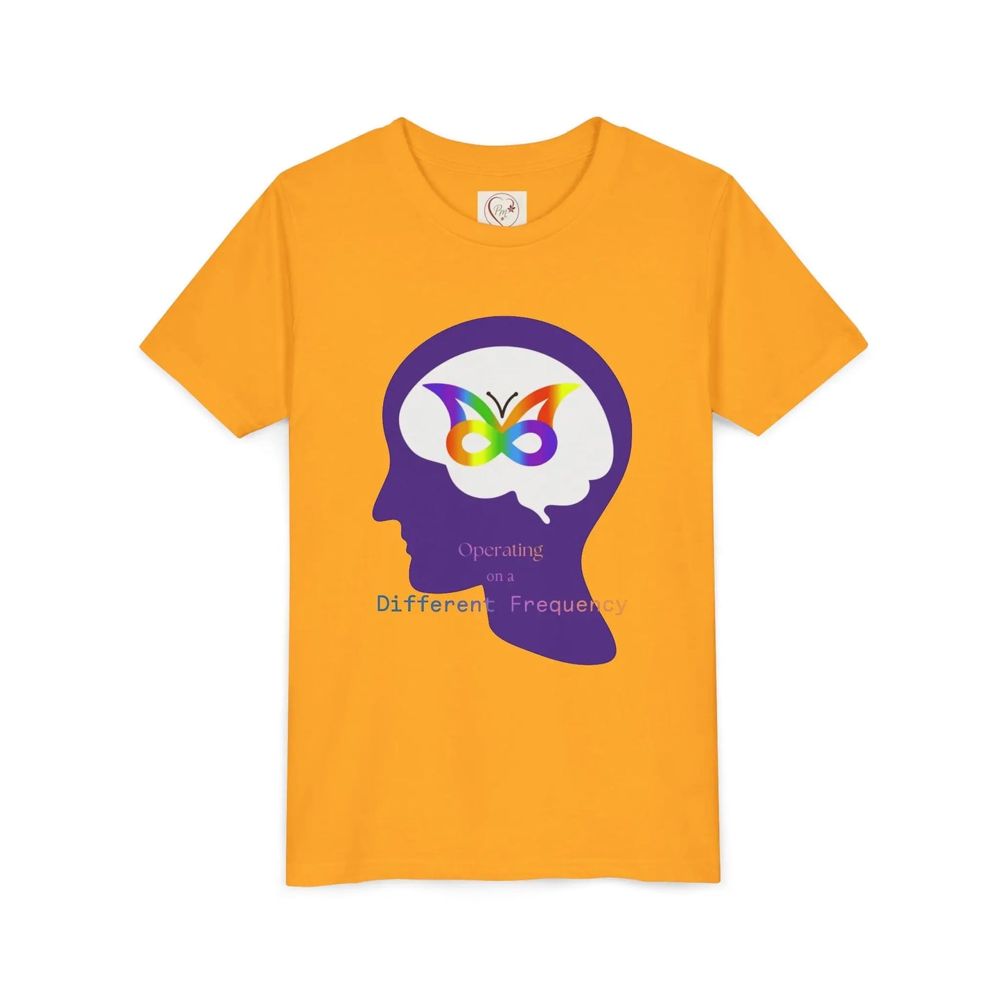 Soft cotton youth tee with purple butterfly mind design celebrating neurodiversity and autism awareness. Comfortable and meaningful. Sizes S-XL. Gold
