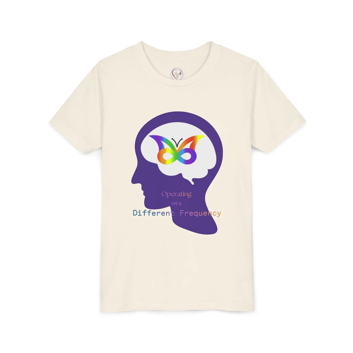 Soft cotton youth tee with purple butterfly mind design celebrating neurodiversity and autism awareness. Comfortable and meaningful. Sizes S-XL. Heather Dust
