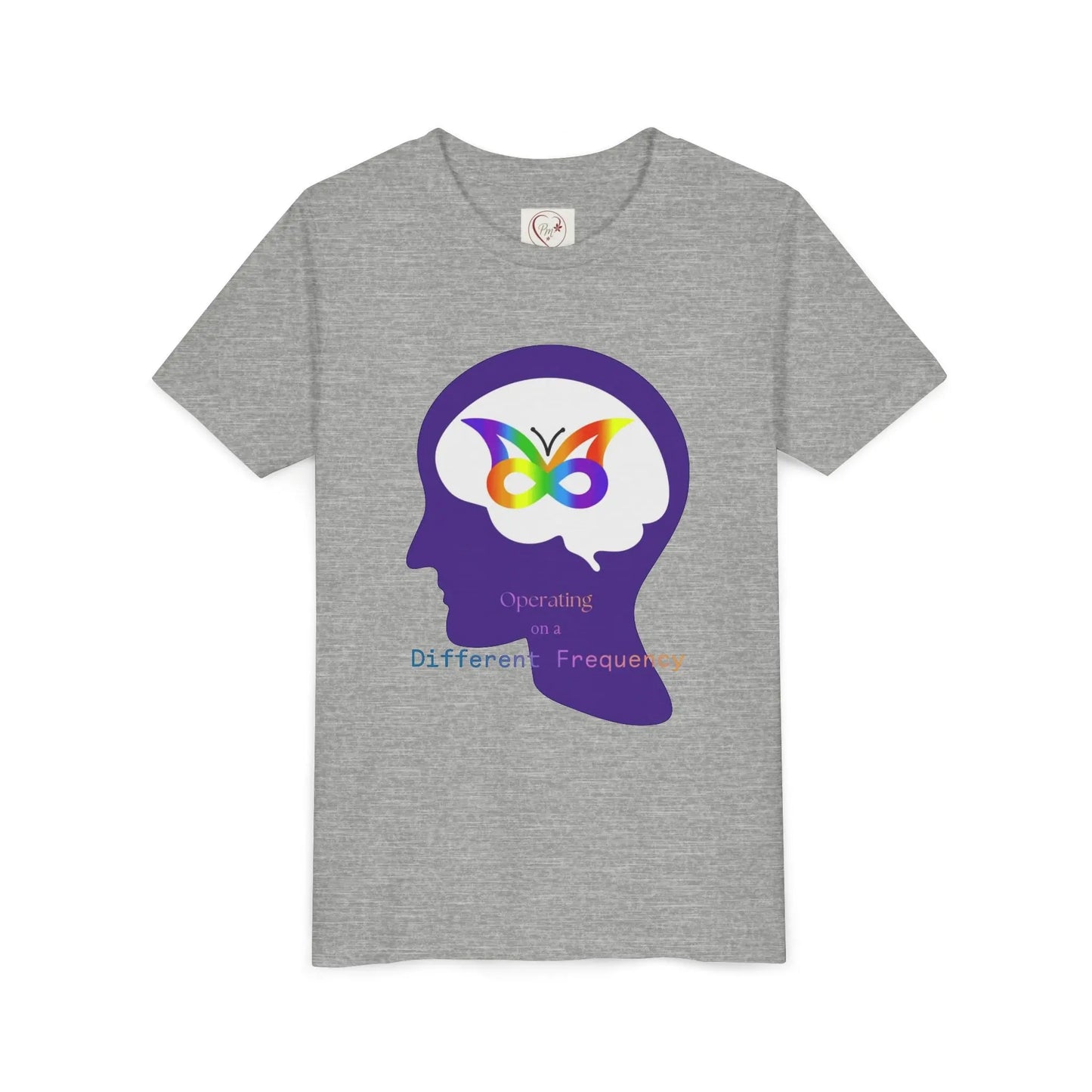 Soft cotton youth tee with purple butterfly mind design celebrating neurodiversity and autism awareness. Comfortable and meaningful. Sizes S-XL. Athletic Heather