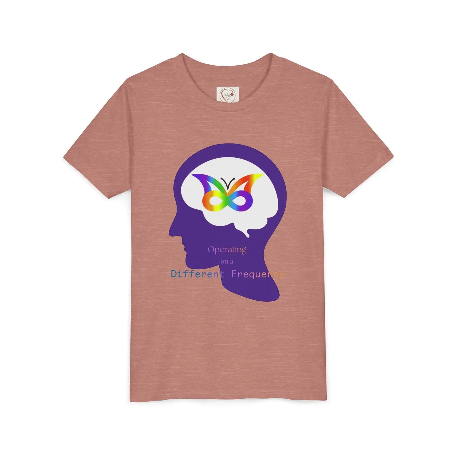 Soft cotton youth tee with purple butterfly mind design celebrating neurodiversity and autism awareness. Comfortable and meaningful. Sizes S-XL. Heather Mauve
