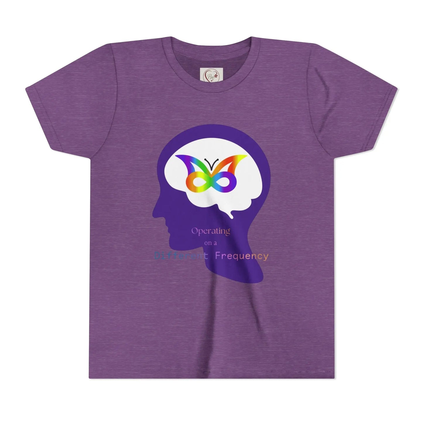 Soft cotton youth tee with purple butterfly mind design celebrating neurodiversity and autism awareness. Comfortable and meaningful. Sizes S-XL. Heather Team Purple
