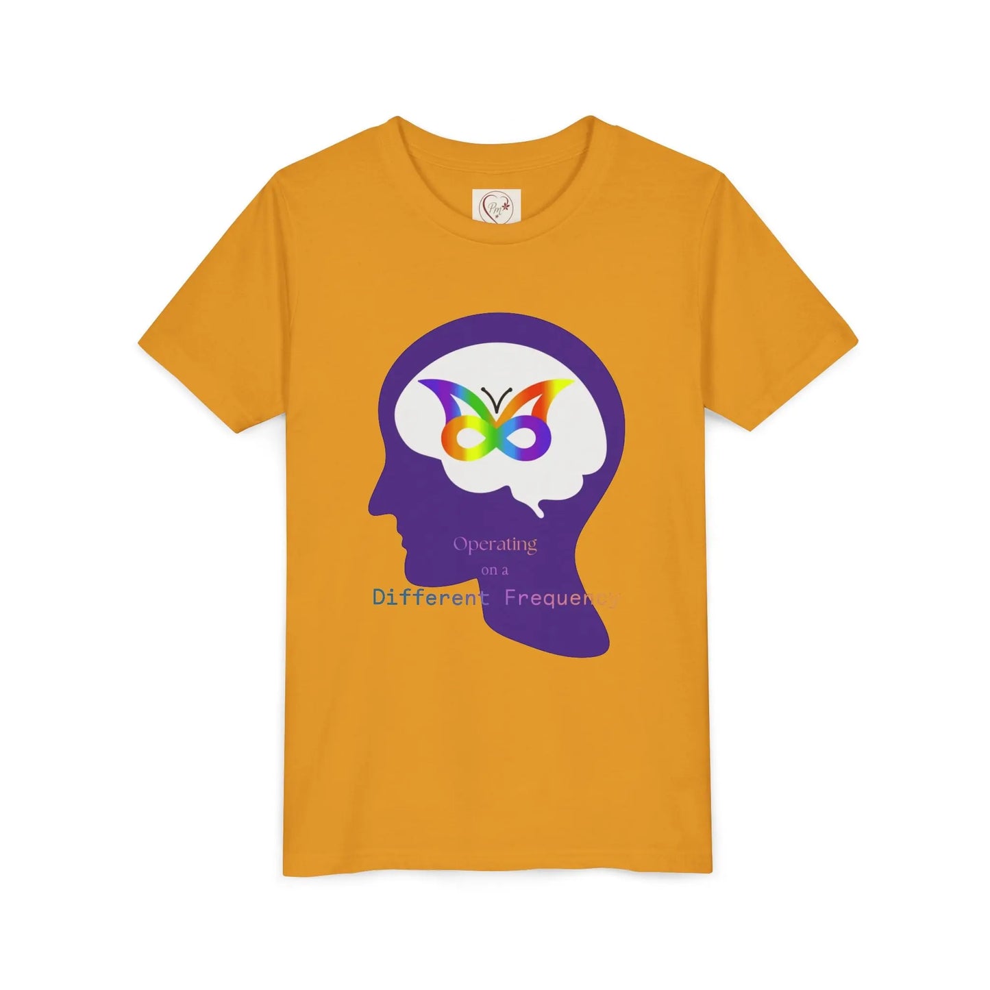 Soft cotton youth tee with purple butterfly mind design celebrating neurodiversity and autism awareness. Comfortable and meaningful. Sizes S-XL. Mustard
