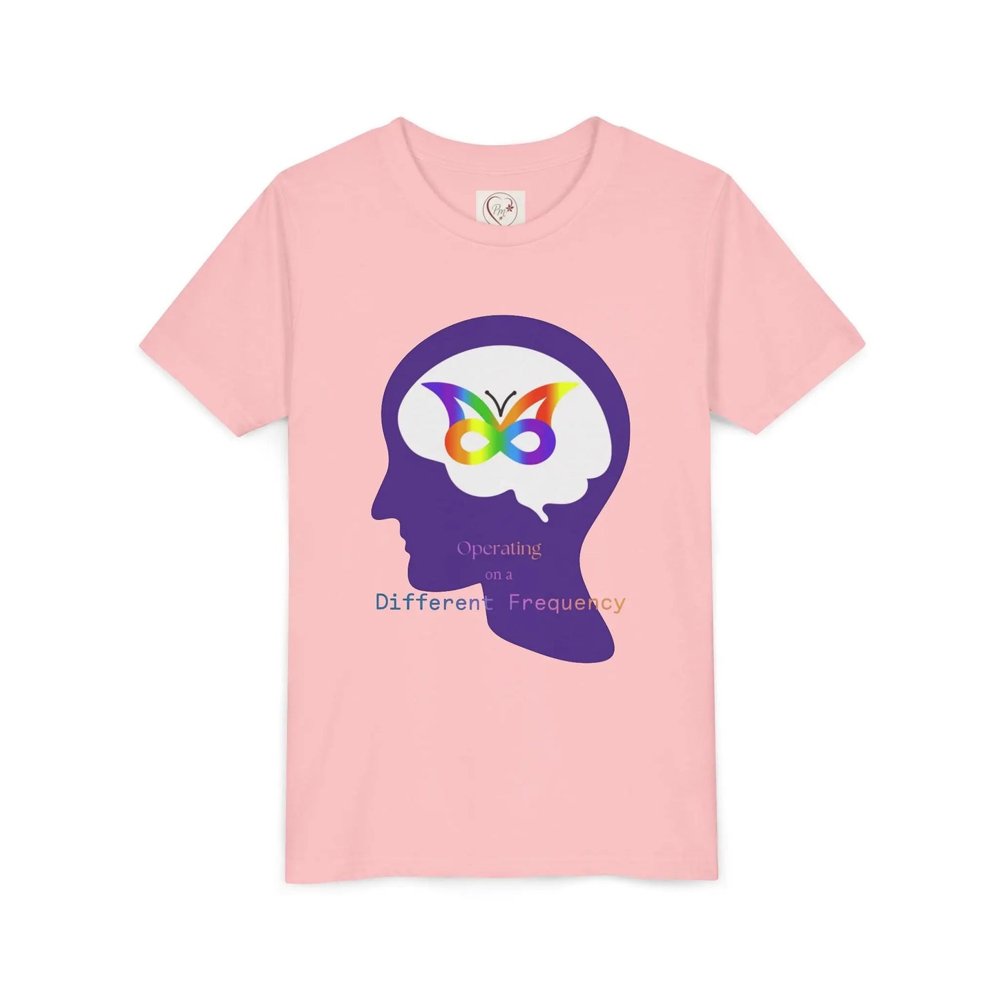 Soft cotton youth tee with purple butterfly mind design celebrating neurodiversity and autism awareness. Comfortable and meaningful. Sizes S-XL. Pink
