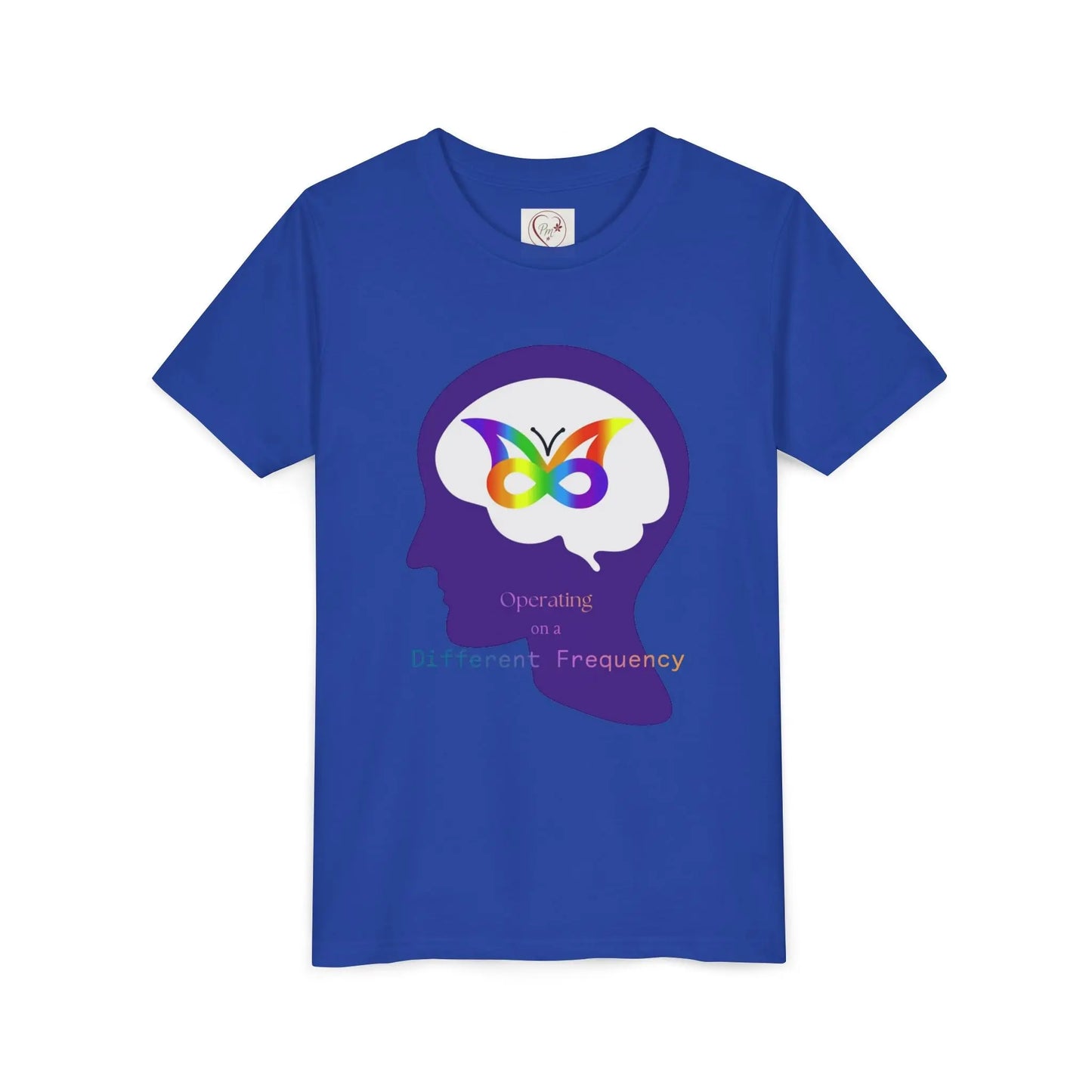 Soft cotton youth tee with purple butterfly mind design celebrating neurodiversity and autism awareness. Comfortable and meaningful. Sizes S-XL. True Royal
