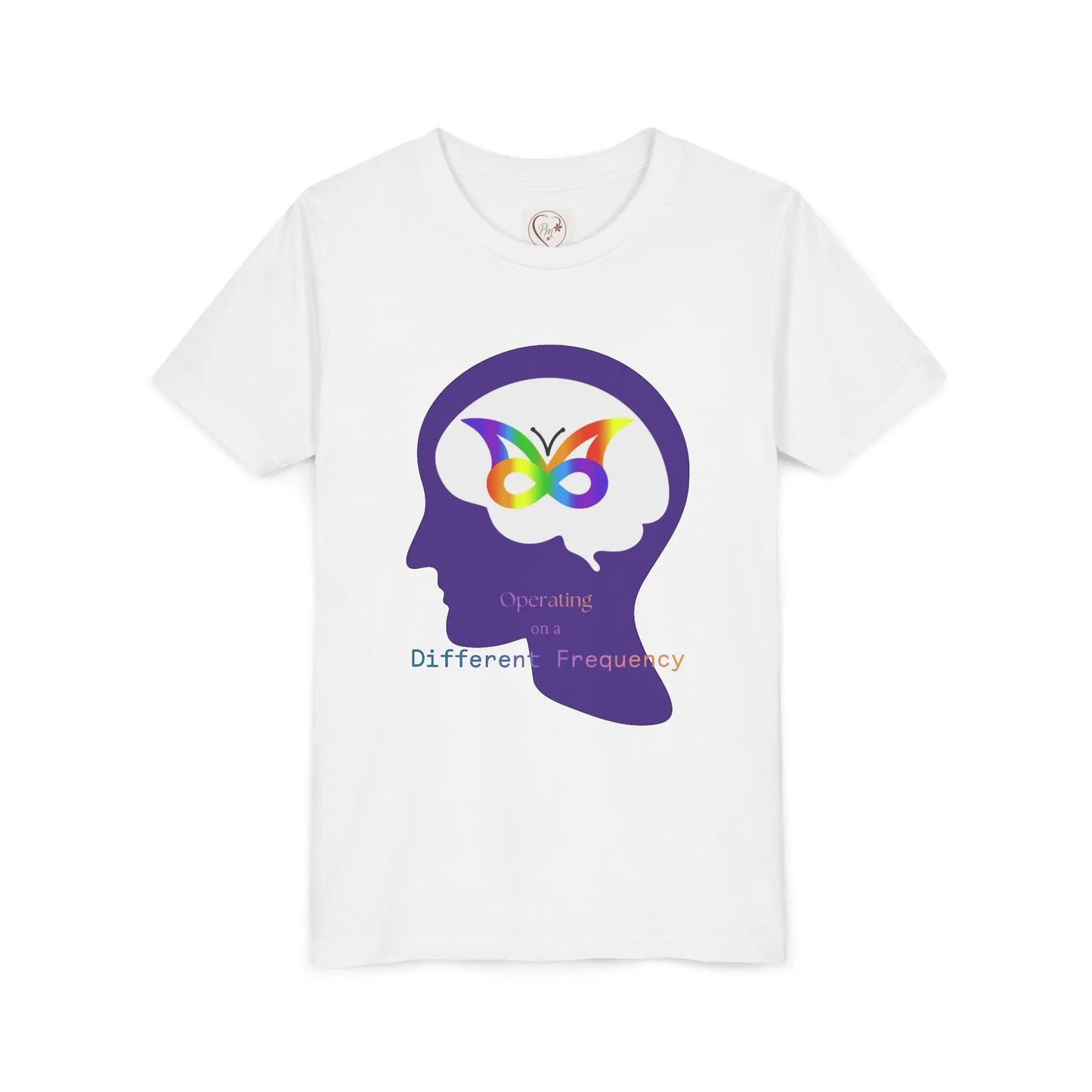 Soft cotton youth tee with purple butterfly mind design celebrating neurodiversity and autism awareness. Comfortable and meaningful. Sizes S-XL. White
