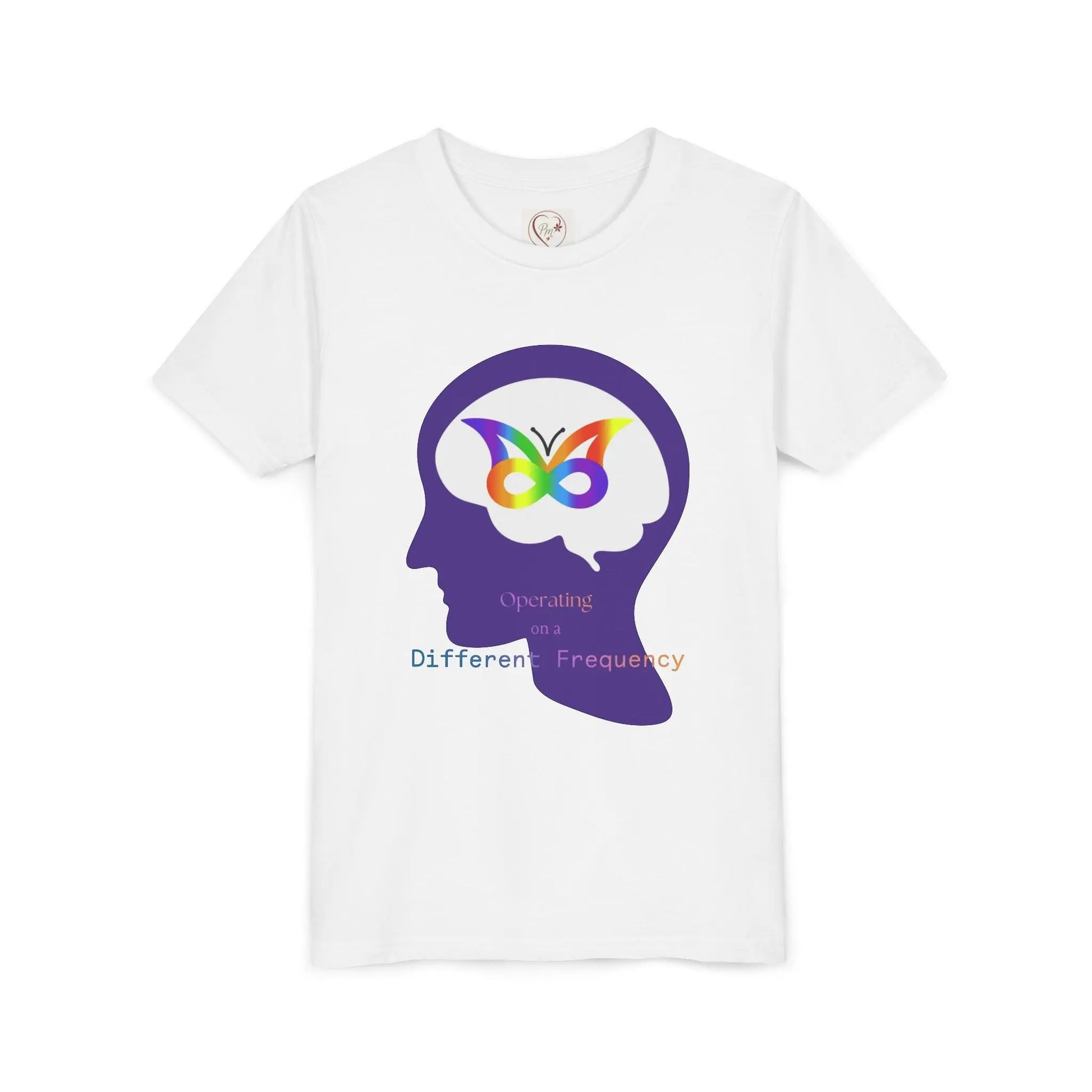 Soft cotton youth tee with purple butterfly mind design celebrating neurodiversity and autism awareness. Comfortable and meaningful. Sizes S-XL. White
