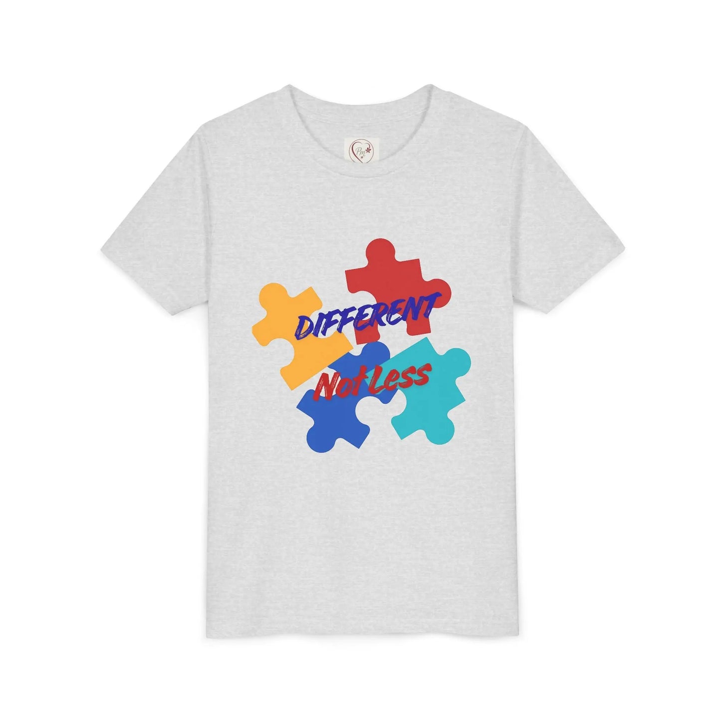 Soft cotton youth tee with colorful puzzle pieces and Different Not Less message. Celebrates neurodiversity and individuality. Sizes 2T-5T. Ash
