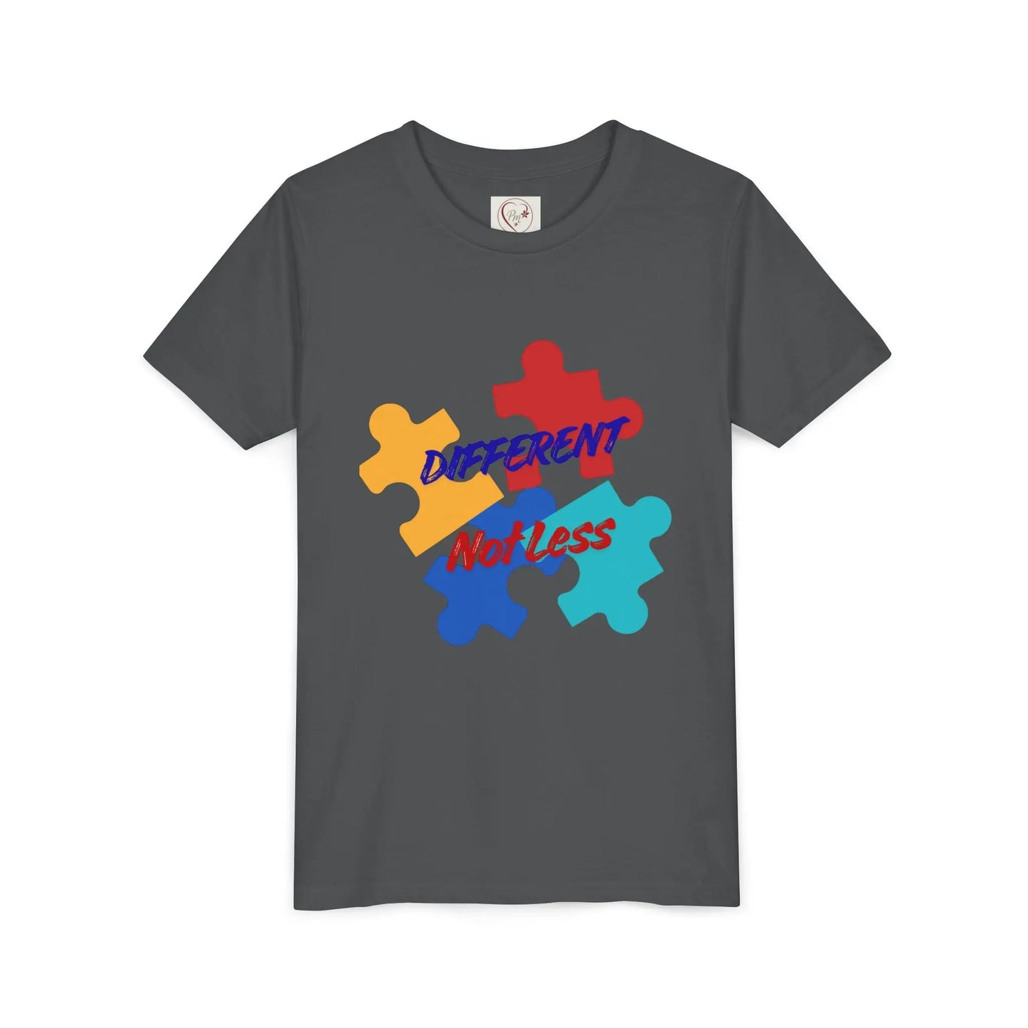 Soft cotton youth tee with colorful puzzle pieces and Different Not Less message. Celebrates neurodiversity and individuality. Sizes 2T-5T.
Asphalt