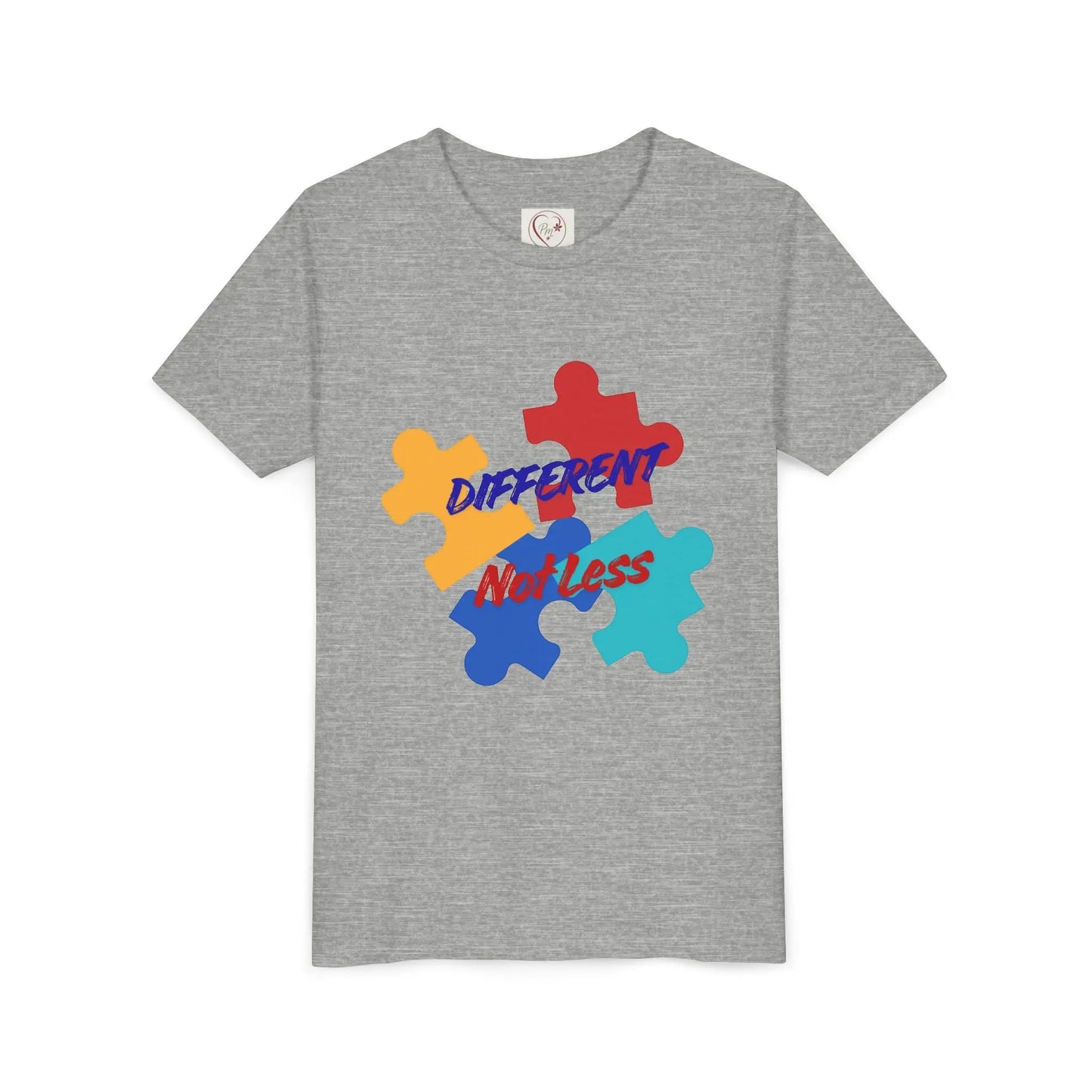 Soft cotton youth tee with colorful puzzle pieces and Different Not Less message. Celebrates neurodiversity and individuality. Sizes 2T-5T. Athletic Heather