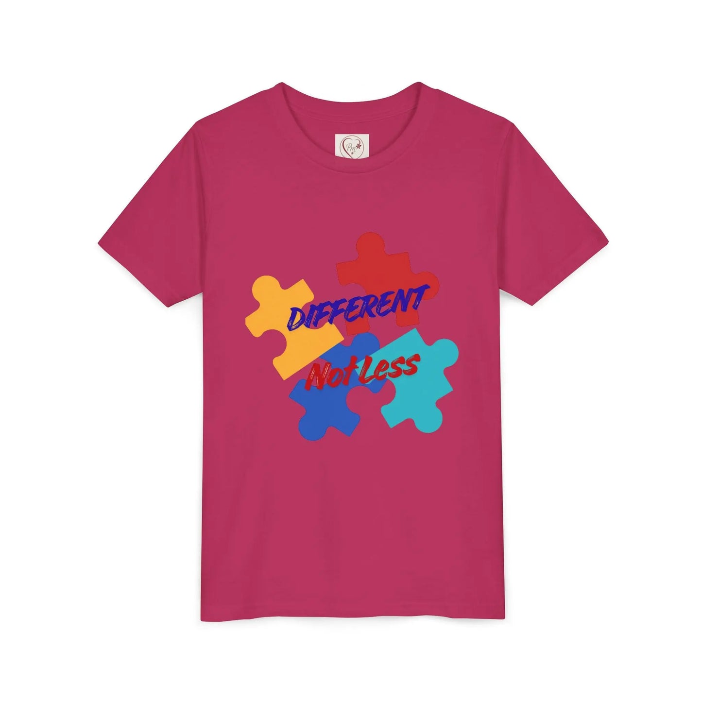 Soft cotton youth tee with colorful puzzle pieces and Different Not Less message. Celebrates neurodiversity and individuality. Sizes 2T-5T. Berry
