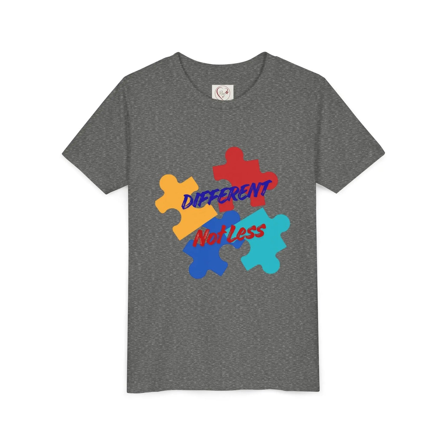 Soft cotton youth tee with colorful puzzle pieces and Different Not Less message. Celebrates neurodiversity and individuality. Sizes 2T-5T. Deep Heather
